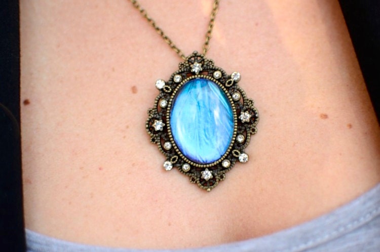 Real Blue Morpho Butterfly Wing Jewelry Blue crystal amulet Blue Statement Necklace Aqua Aura quartz aquamarine necklace mariposa