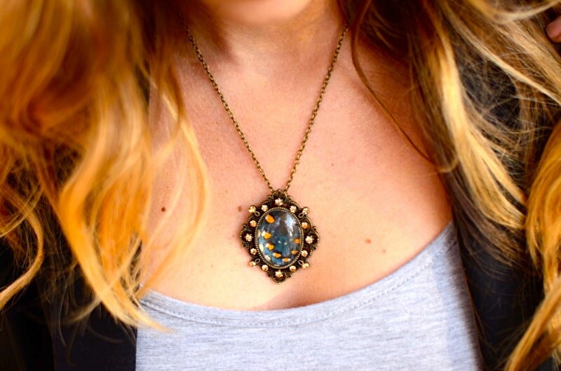 Real Butterfly Wing pendant necklace Handmade jewelry gift for women North Carolina jewelry Pressed flower necklace Insect Taxidermy jewelry