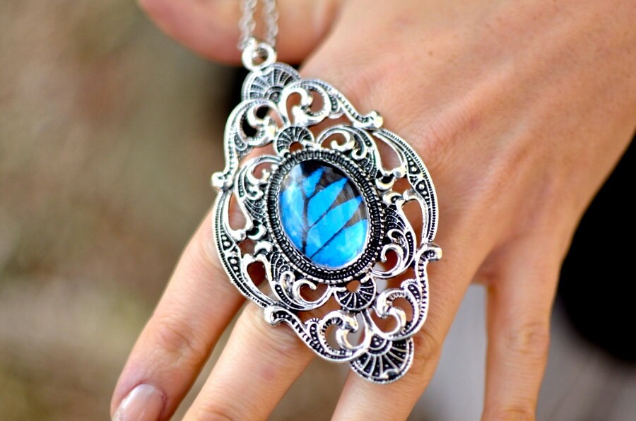 Real Butterfly Jewelry Royal blue necklace Victorian necklace Large silver pendant Victorian pendantCornflower blue Royal blue jewelry