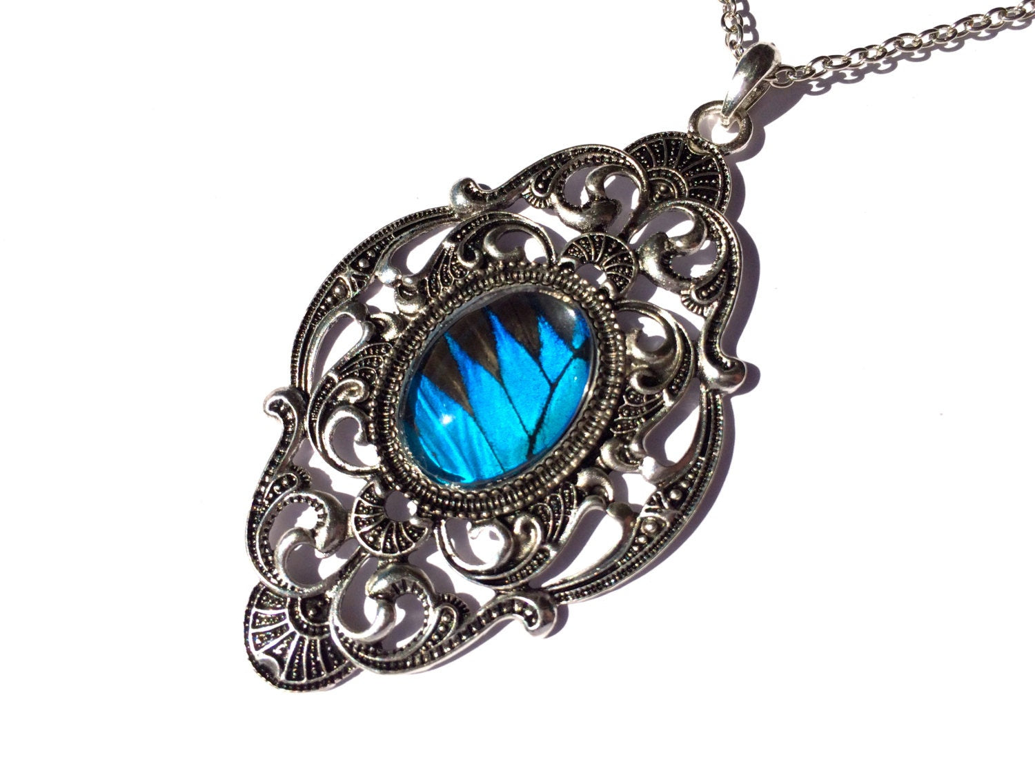 Real Butterfly Jewelry Royal blue necklace Victorian necklace Large silver pendant Victorian pendantCornflower blue Royal blue jewelry