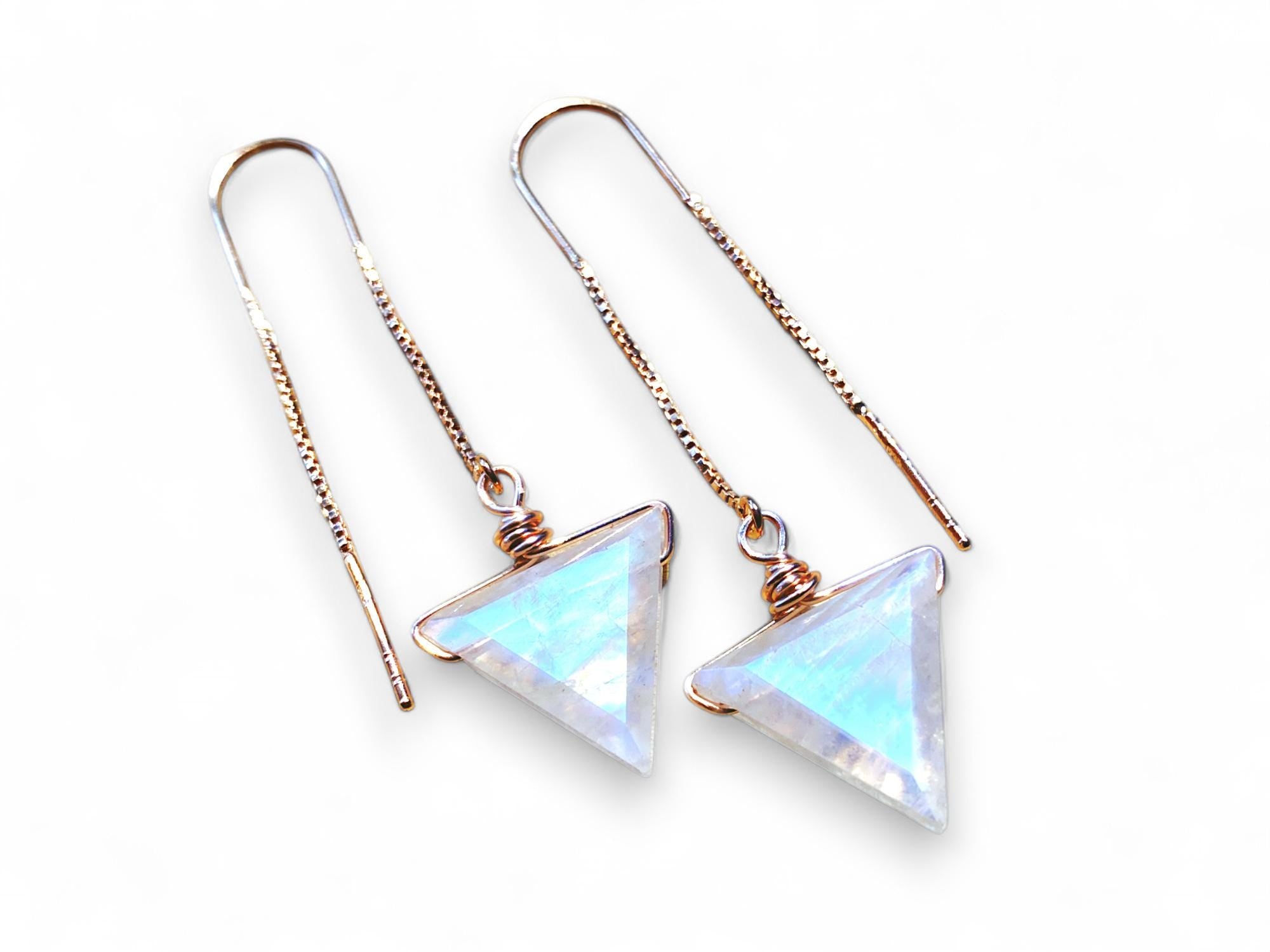 Rainbow moonstone earrings dangle Crystal point earrings Moonstone threader earrings Gemstone point earrings Moonstone triangle earrings