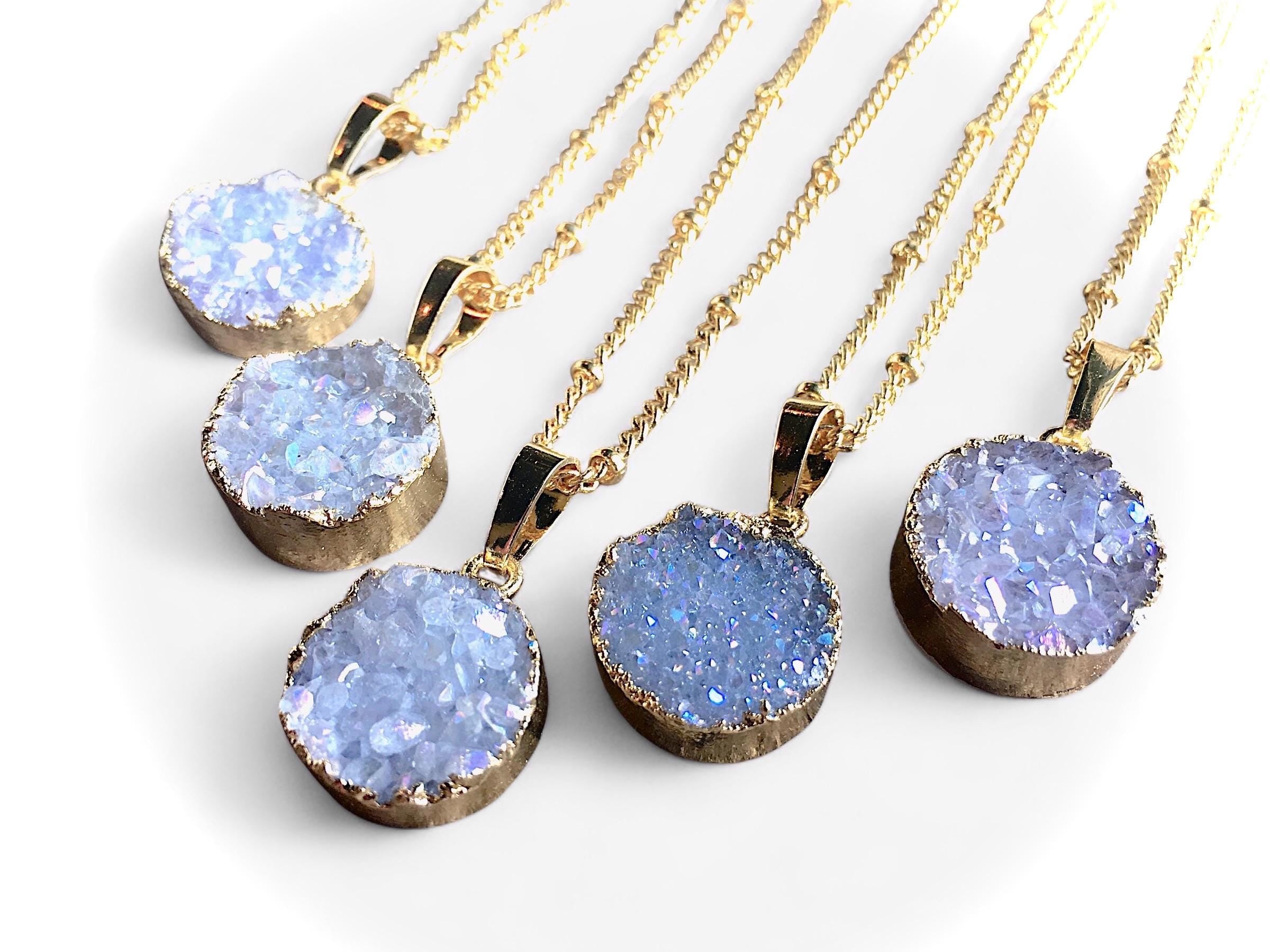 Raw druzy necklace Angel aura quartz necklace Raw druzy jewelry for women Druzy crystal jewelry Small crystal necklace Raw stone necklace