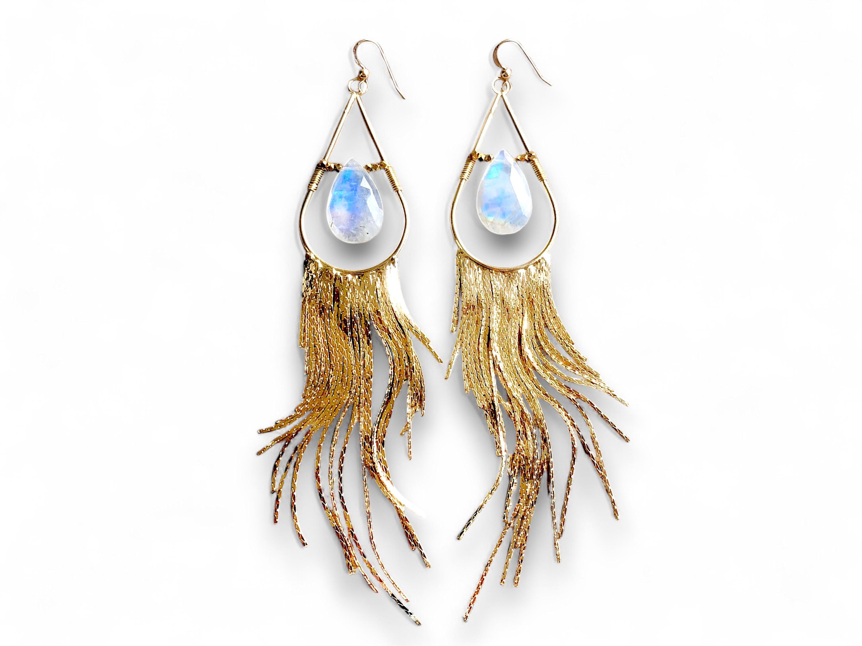 Rainbow moonstone earrings Long fringe earrings Extra long crystal earrings Raw moonstone statement earrings Real moonstone jewelry