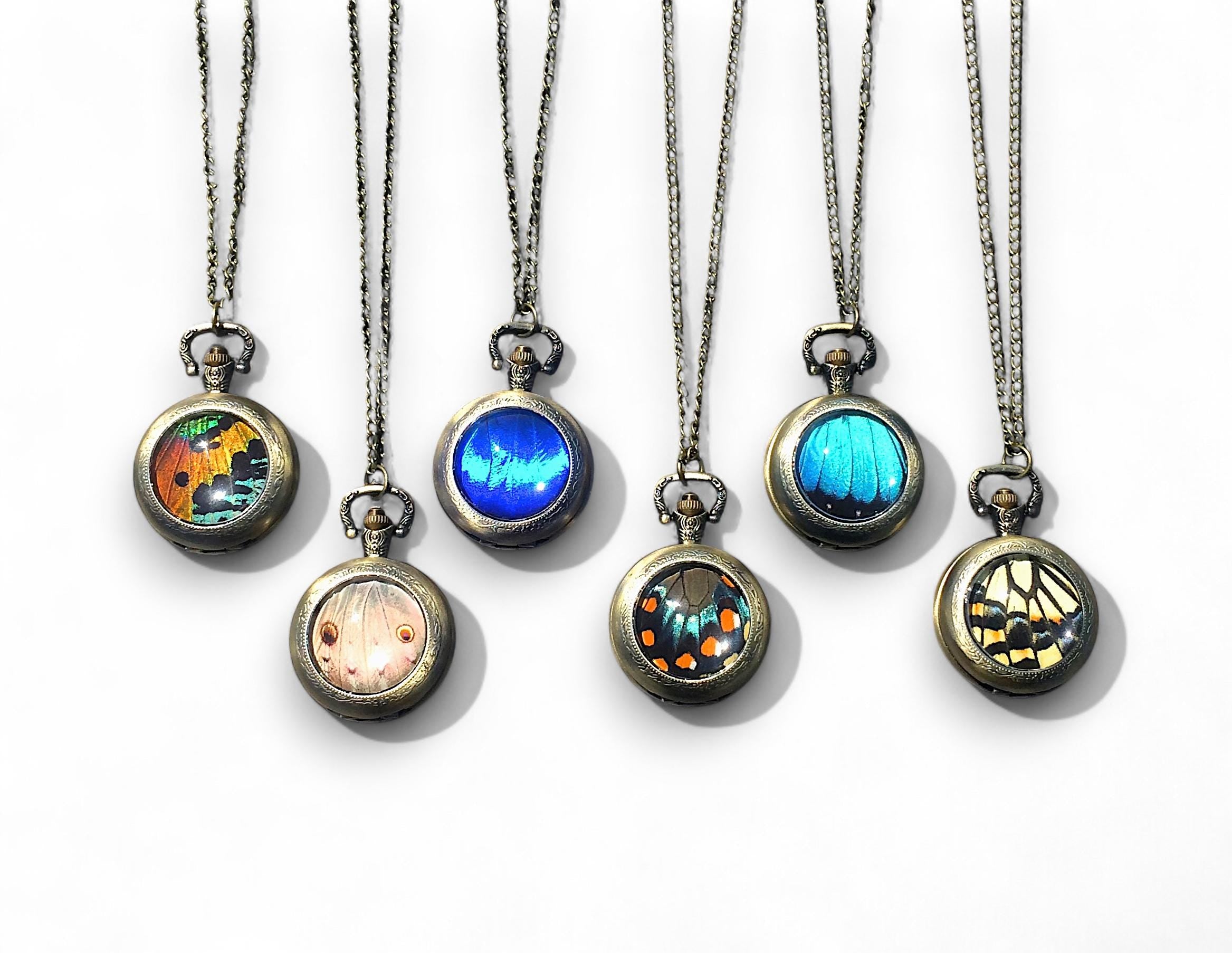 Butterfly Wing Necklace Real Insect Jewelry Working Pocket watch pendant Vampire Diaries mechanical Steampunk pocketwatch Statement Necklace