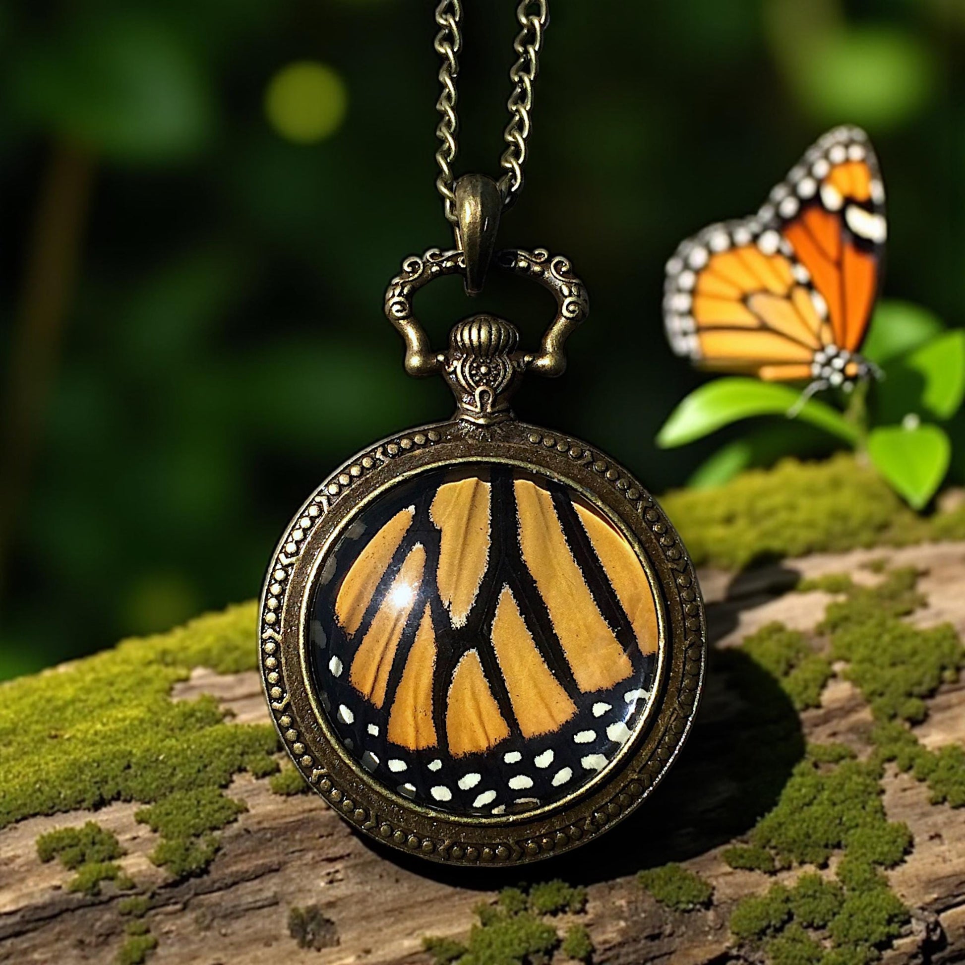 Real monarch butterfly wing necklace Ethically sourced taxidermy jewelry Steampunk pocket watch style necklace Pressed flower necklace
