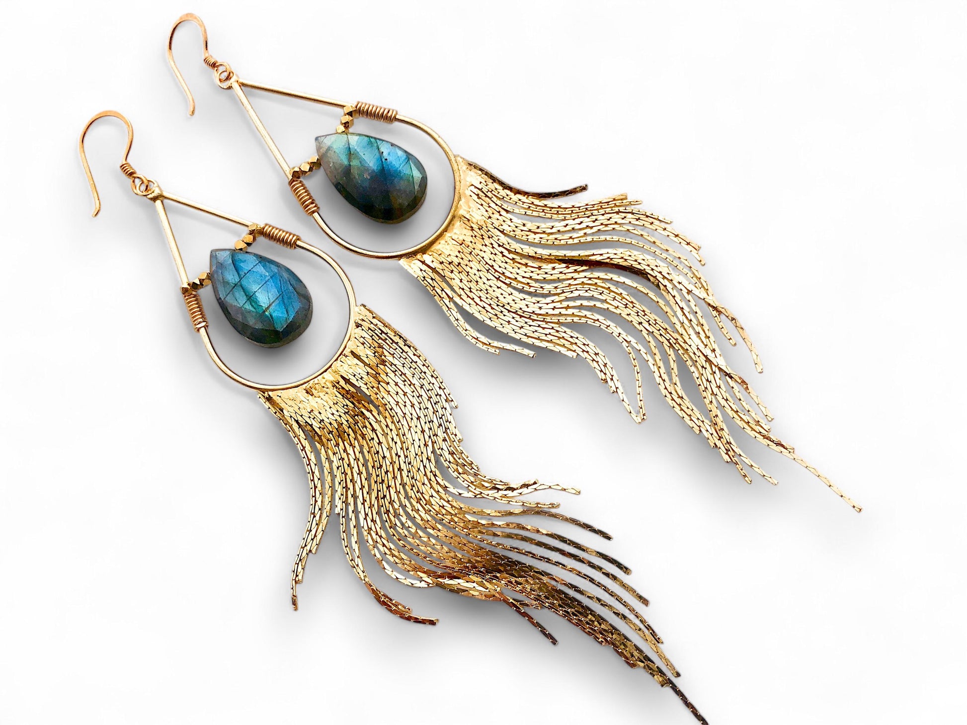 Raw labradorite earrings gold dangling earrings Long gemstone drop earrings Long boho earrings dangle Crystal tassel fringe earrings