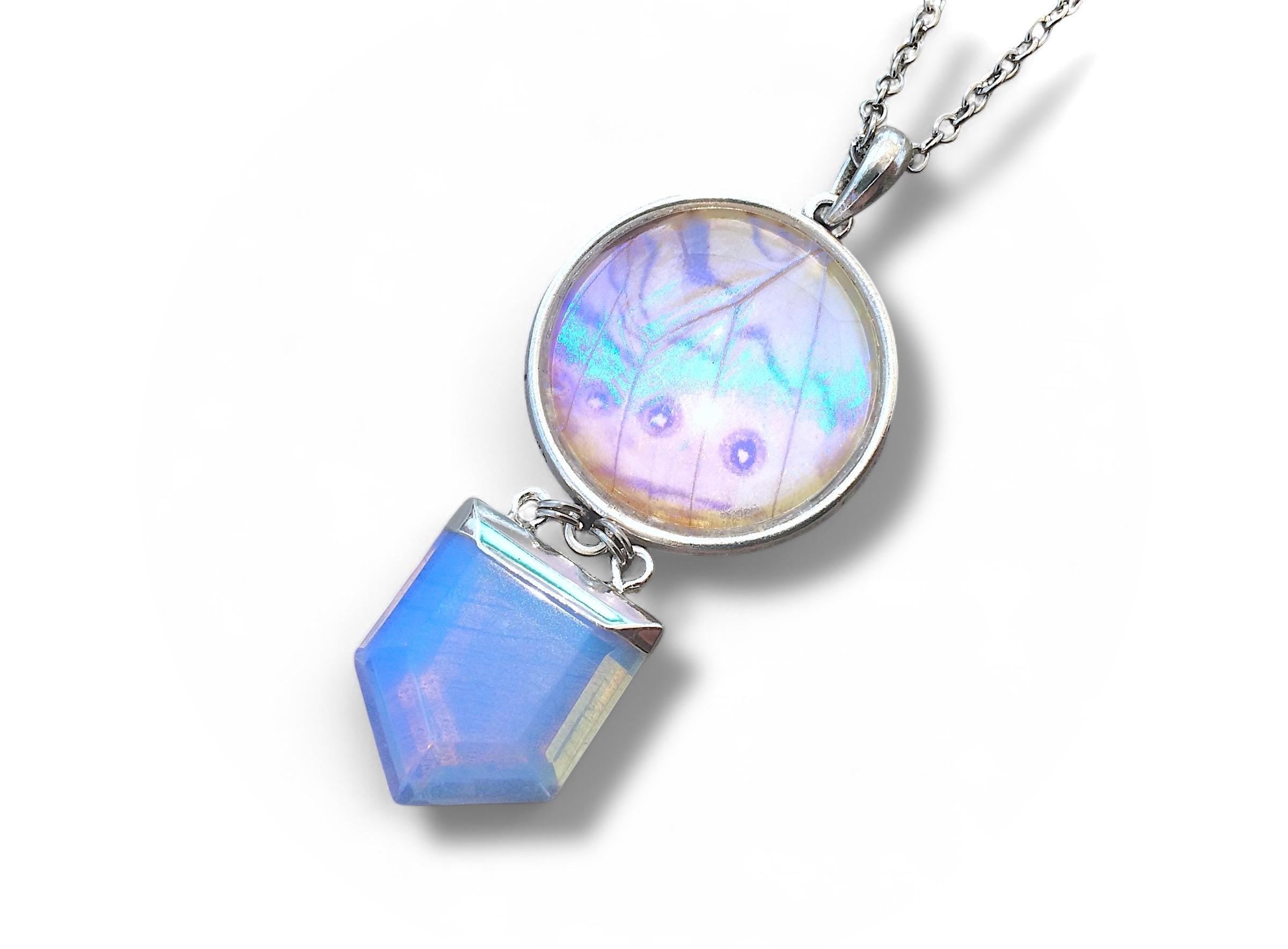 Real Morpho butterfly wing pendant & Opalite necklace Cottagecore jewelry Pearl morpho butterfly statement necklace butterfly