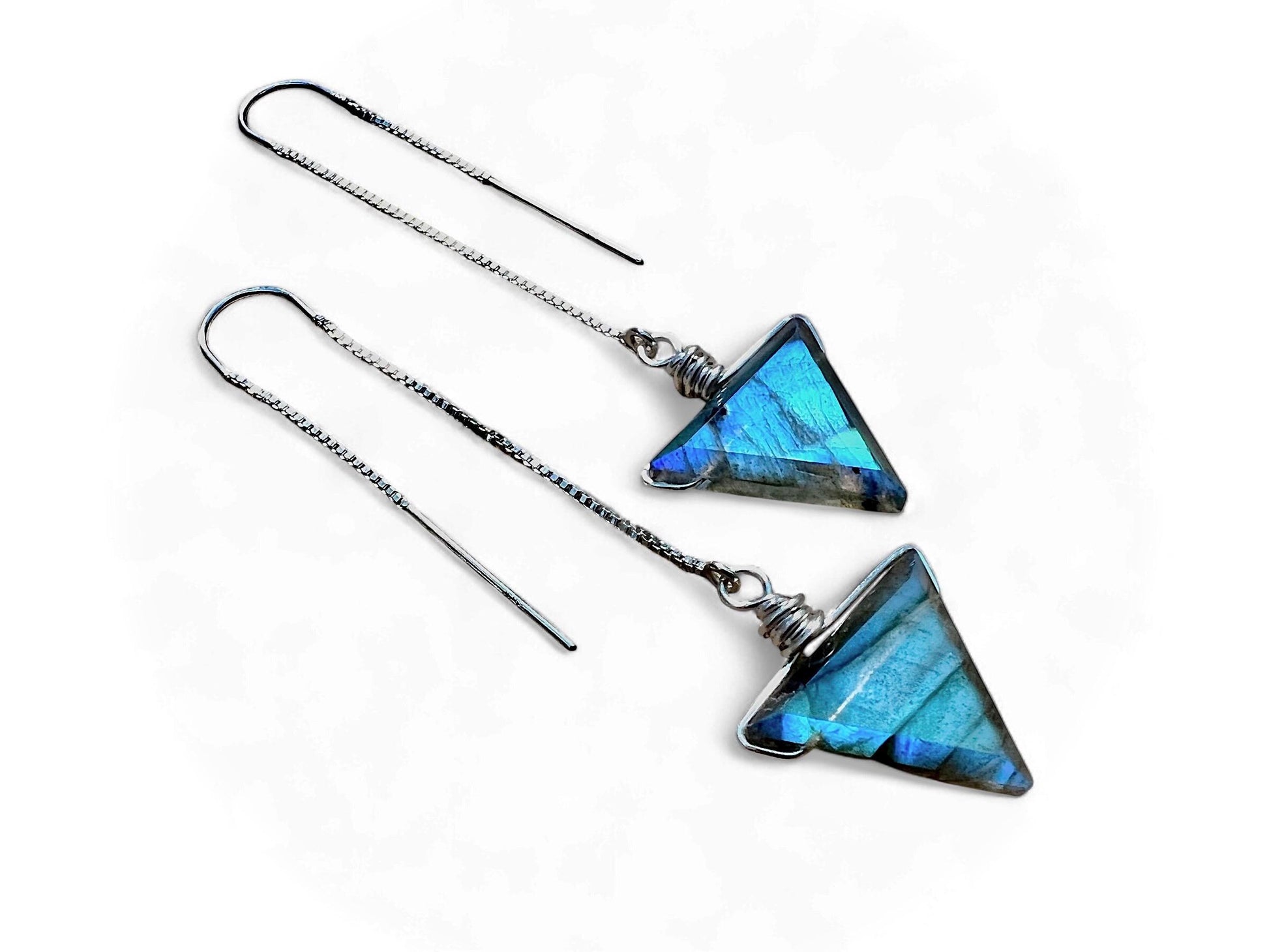 Dainty labradorite earrings sterling silver gemstone threader earrings Silver triangle earrings dangle Geometric crystal earrings threaded