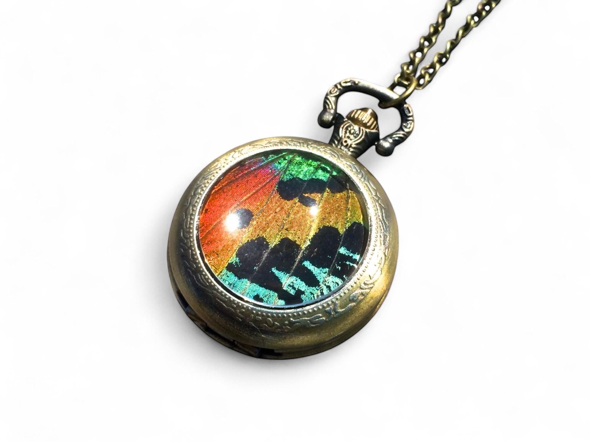 Real Sunset Moth Mechanical Pocket watch Necklace working Steampunk Pocketwatch moth patch preserved butterfly butterfly rainbow