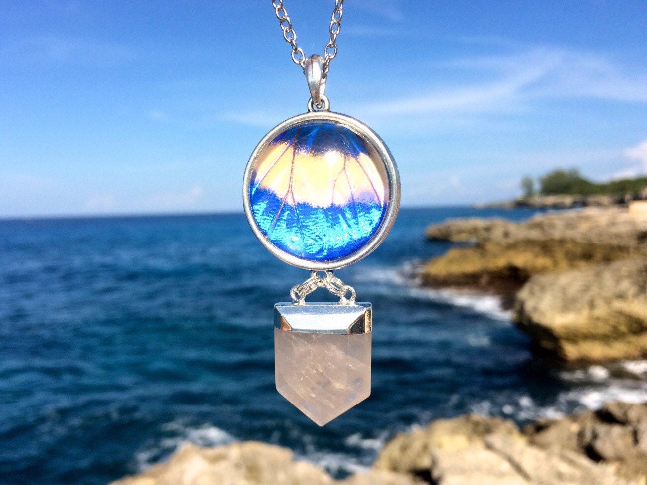 Real Blue Morpho Butterfly Wing & Quartz Point Necklace Raw silver dipped Clear quartz crystal pendant Beach jewelry Morpho Helena
