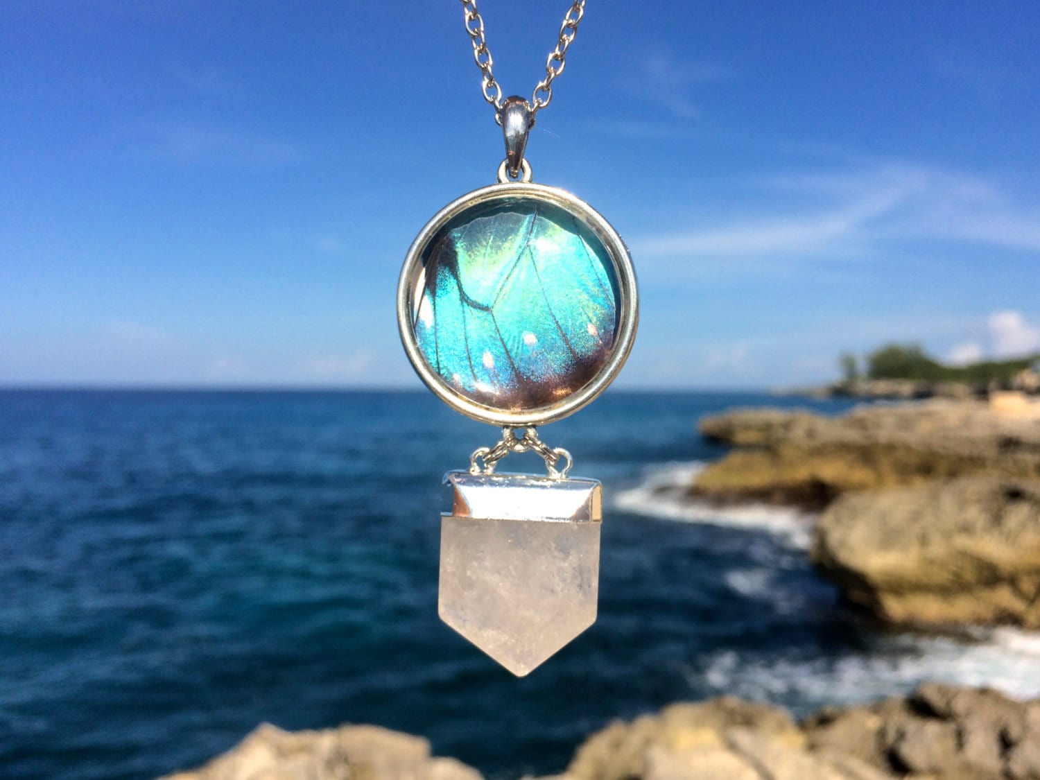 Real Butterfly Wing & Quartz Crystal Pendant necklace Geometric necklace Turquoise Blue Aqua Aura Crystal Point Silver dipped ocean jewelry