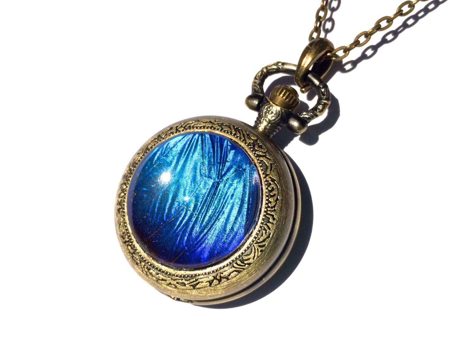 Real Butterfly Jewelry Pocketwatch Necklace Blue Morpho Wing Working Pocket Watch Pendant Vampire Diaries Steampunk Statement Necklace