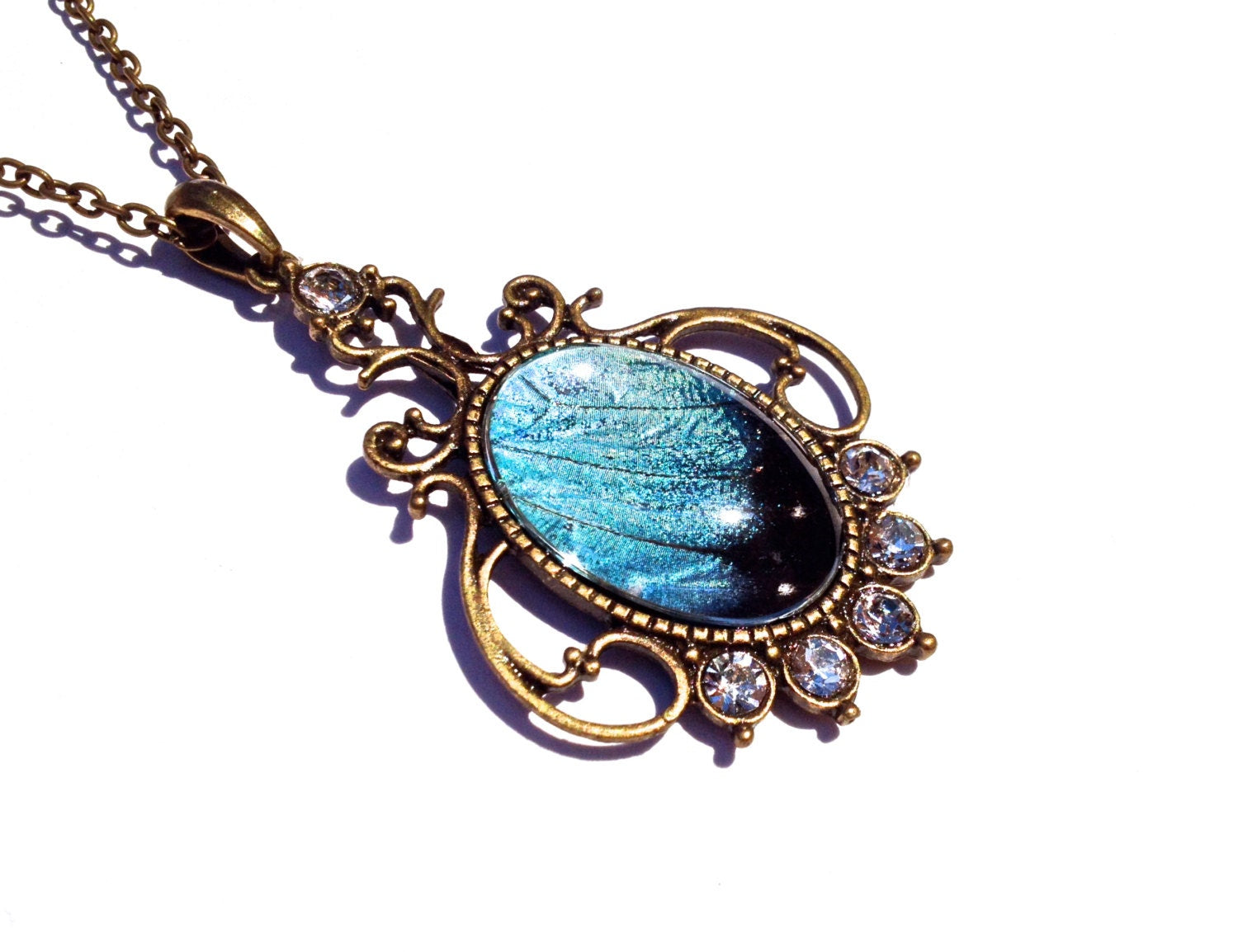 Real butterfly wing necklace 1920s style jewelry Taxidermy gifts for women Victorian crystal necklace Large vintage pendant Blue Morpho