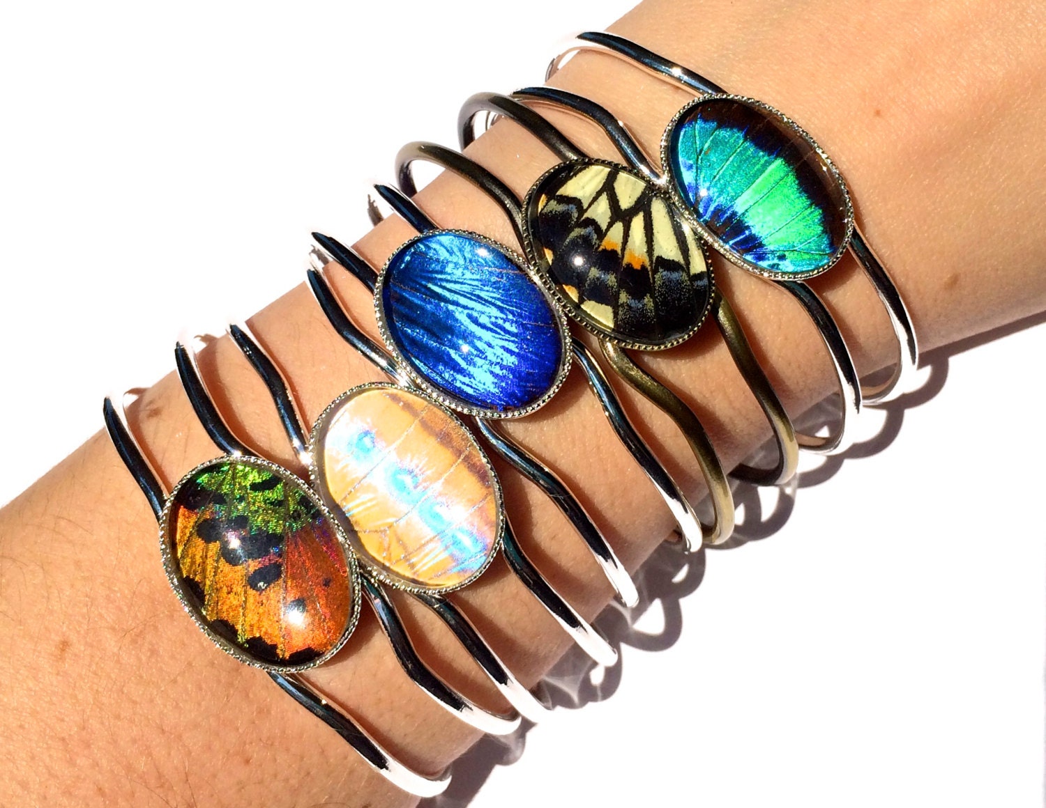 Real Butterfly Wing Bracelet, Madagascar Sunset Moth, Statement Jewelry, Rainbow Glass, Gemstone Cuff, Friendship, Entomology