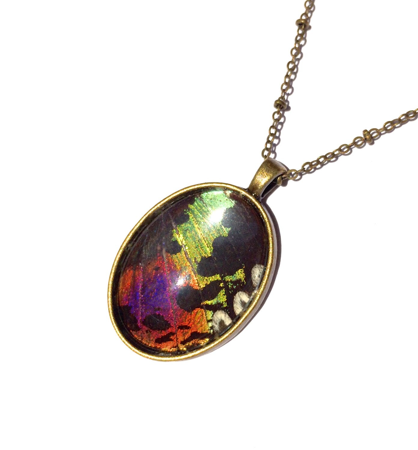 Sunset Moth Wing Pendant Real Insect Jewelry Statement Necklace Rainbow Butterfly Fairy Wings Entomology Antique Gold Silver Crystal