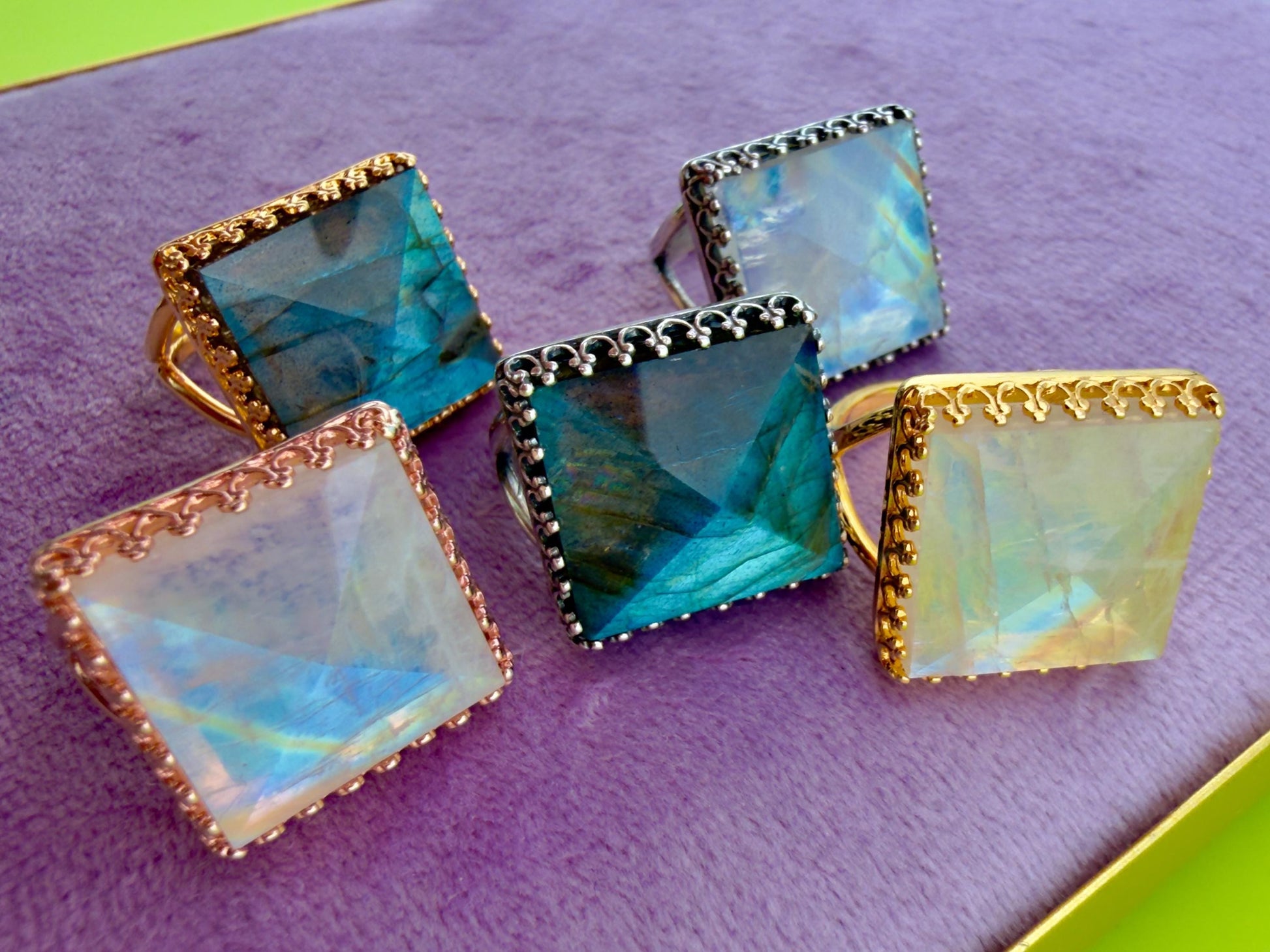 Large crystal ring Raw moonstone ring Big stone statement ring for women Blue labradorite ring Raw gemstone cocktail ring Sterling Silver