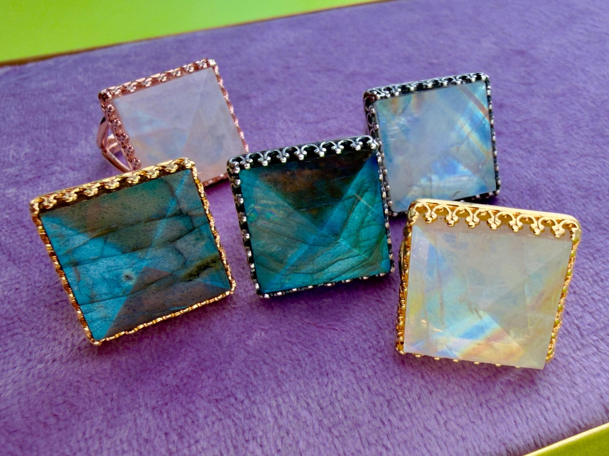 Large crystal ring Raw moonstone ring Big stone statement ring for women Blue labradorite ring Raw gemstone cocktail ring Sterling Silver