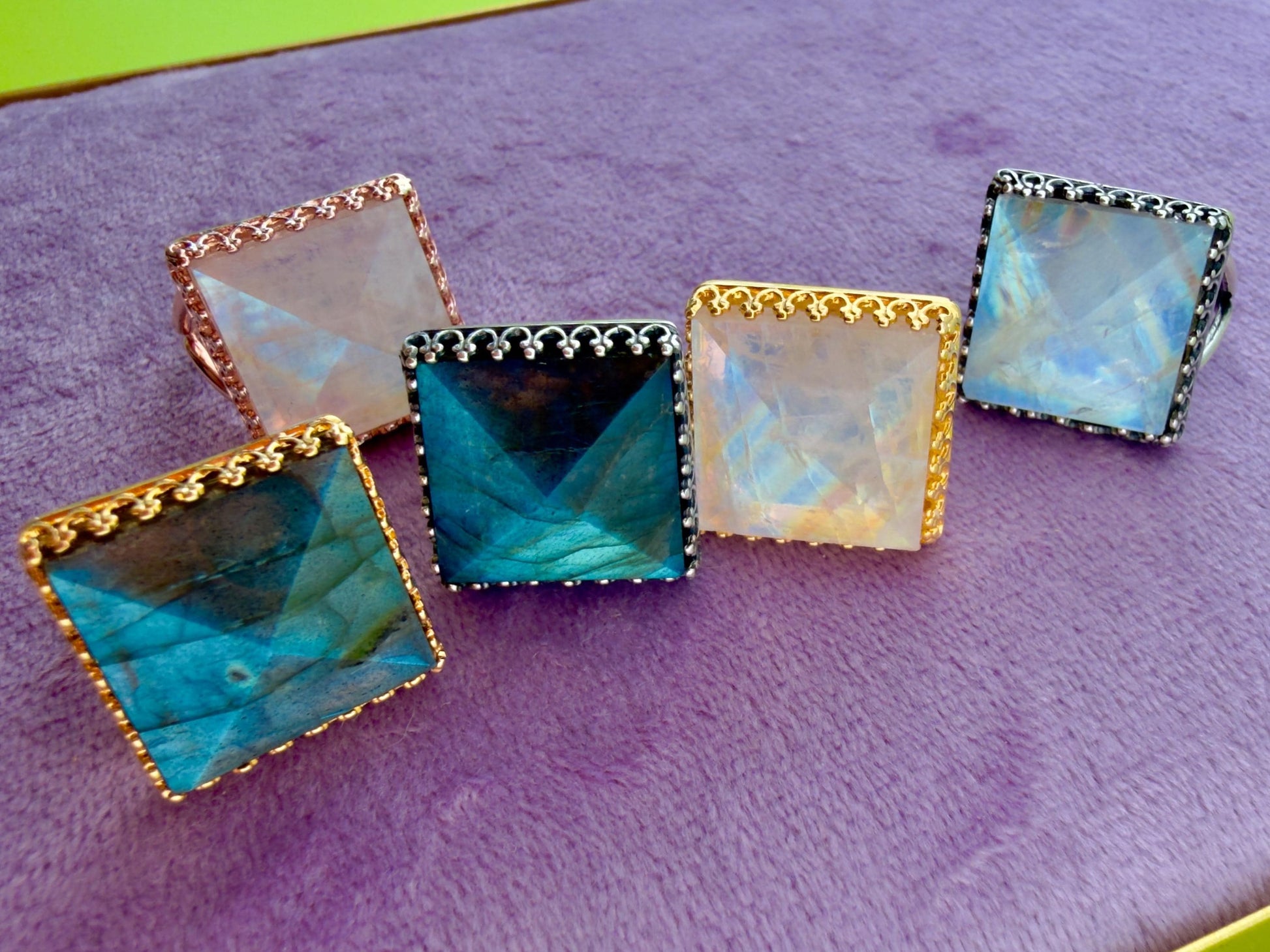 Large crystal ring Raw moonstone ring Big stone statement ring for women Blue labradorite ring Raw gemstone cocktail ring Sterling Silver