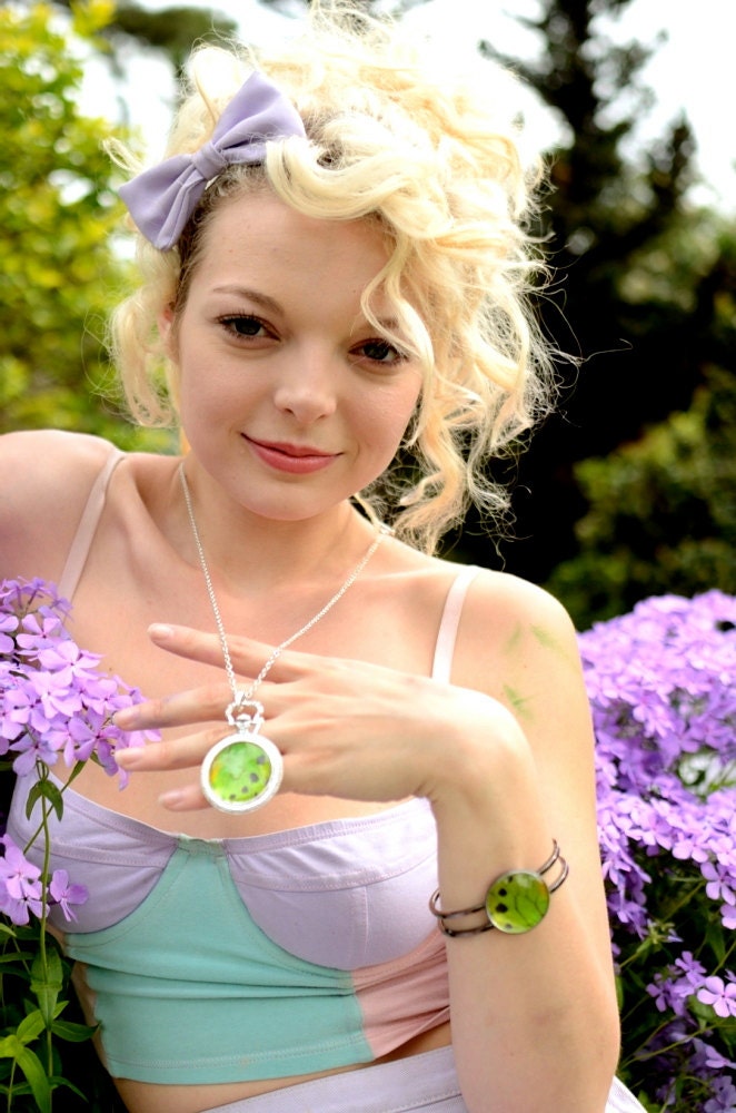 Real Butterfly wing necklace Green jewelry Moon phase necklace Silver Pocket watch necklace Insect jewelry Lime green Statement Necklace