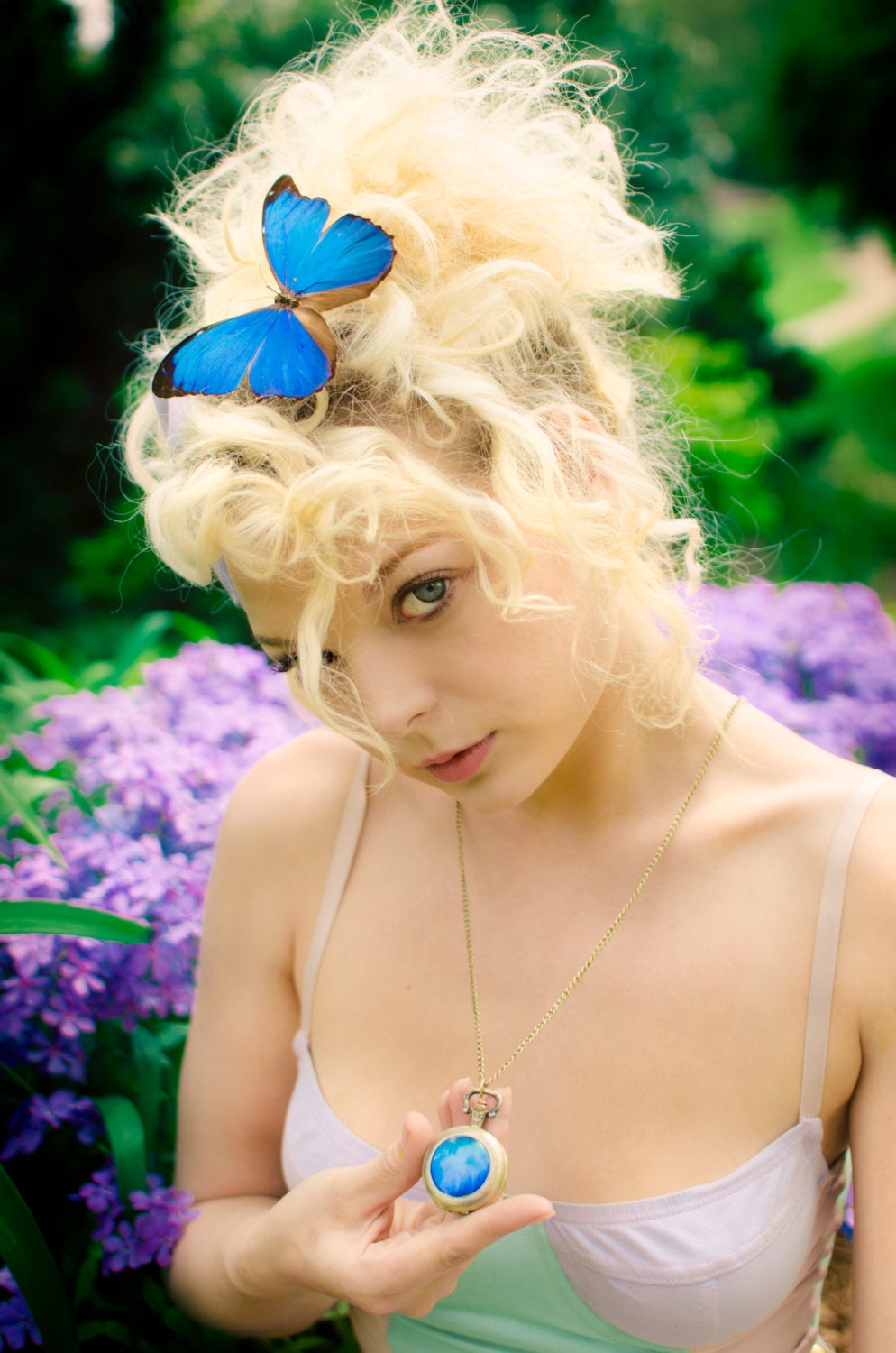 Real Butterfly Jewelry Pocketwatch Necklace Blue Morpho Wing Working Pocket Watch Pendant Vampire Diaries Steampunk Statement Necklace