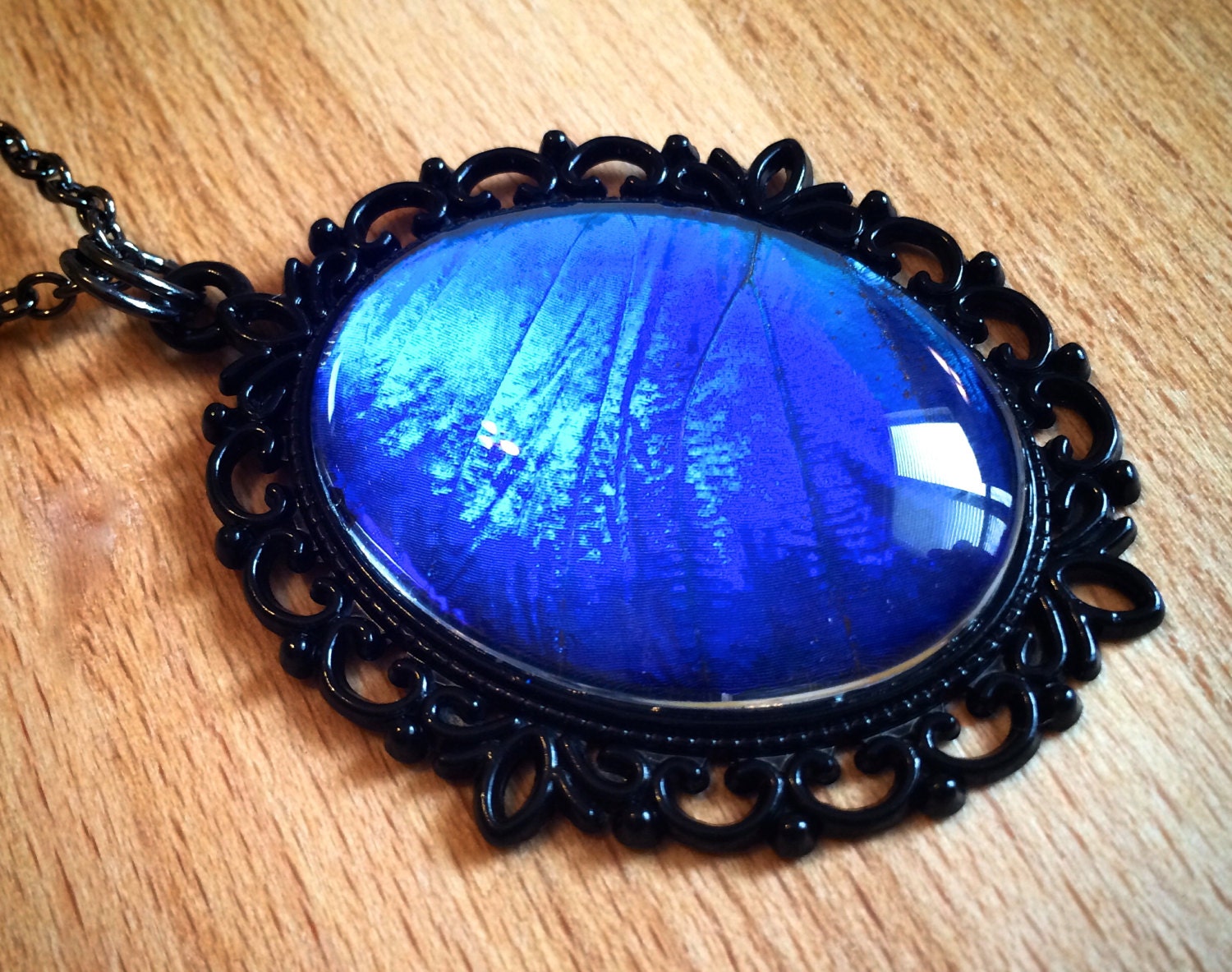 Real blue morpho butterfly wing necklace black and blue pendant gunmetal black chain aqua aura pendant Blue Sapphire Jewelry blue druzy