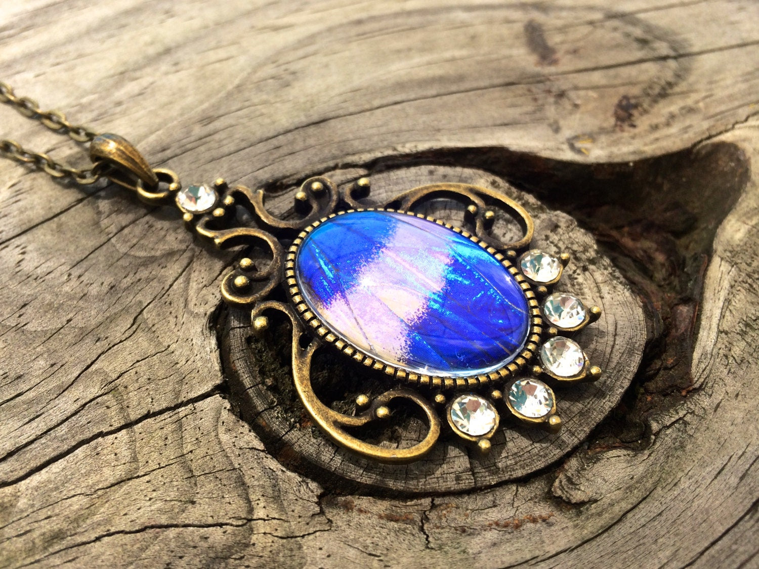 REAL Blue Morpho Butterfly wing necklace Glow necklace Turquoise necklace Vampire Diaries necklace Bright Blue opal Aqua aura quartz crystal