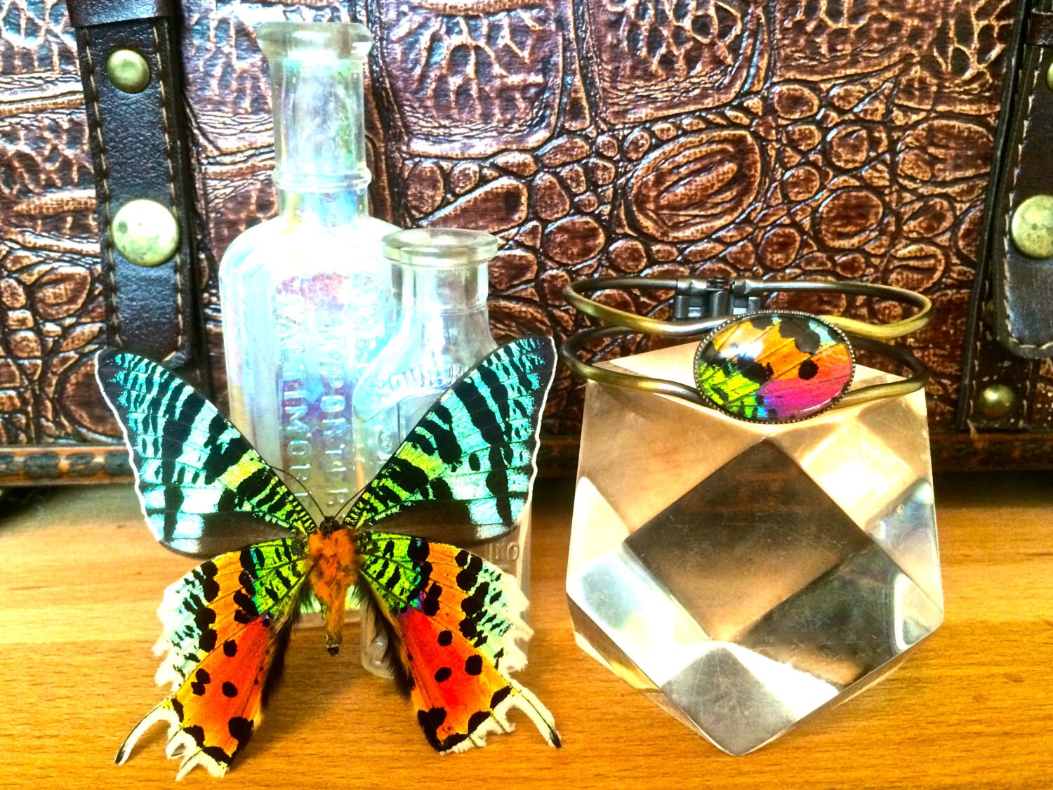 Real Butterfly Wing Bracelet, Madagascar Sunset Moth, Statement Jewelry, Rainbow Glass, Gemstone Cuff, Friendship, Entomology