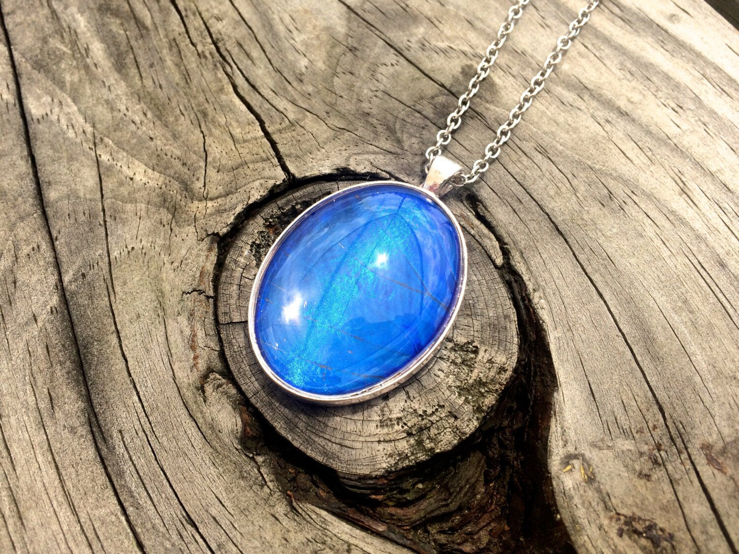 Real blue morpho butterfly pendant Sterling silver butterfly necklace September birthstone necklace blue sapphire pendant cobalt blue