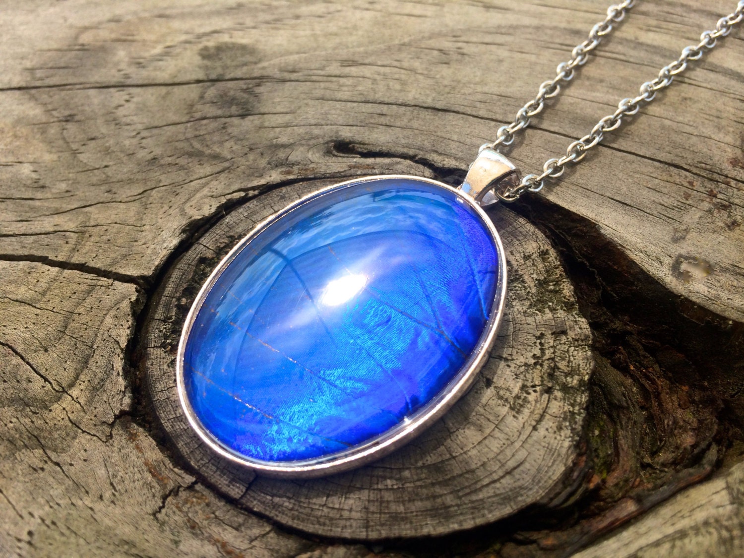 Real blue morpho butterfly pendant Sterling silver butterfly necklace September birthstone necklace blue sapphire pendant cobalt blue