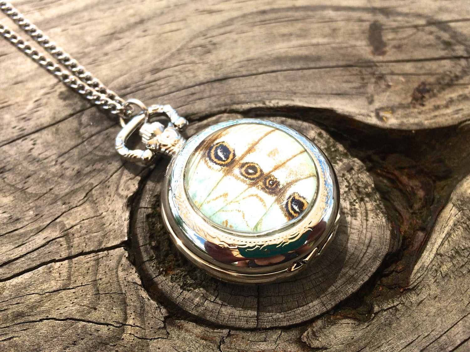 Real White Butterfly wing necklace Silver Pocket watch necklace steampunk pocketwatch white Statement Necklace bridal necklace clock woman