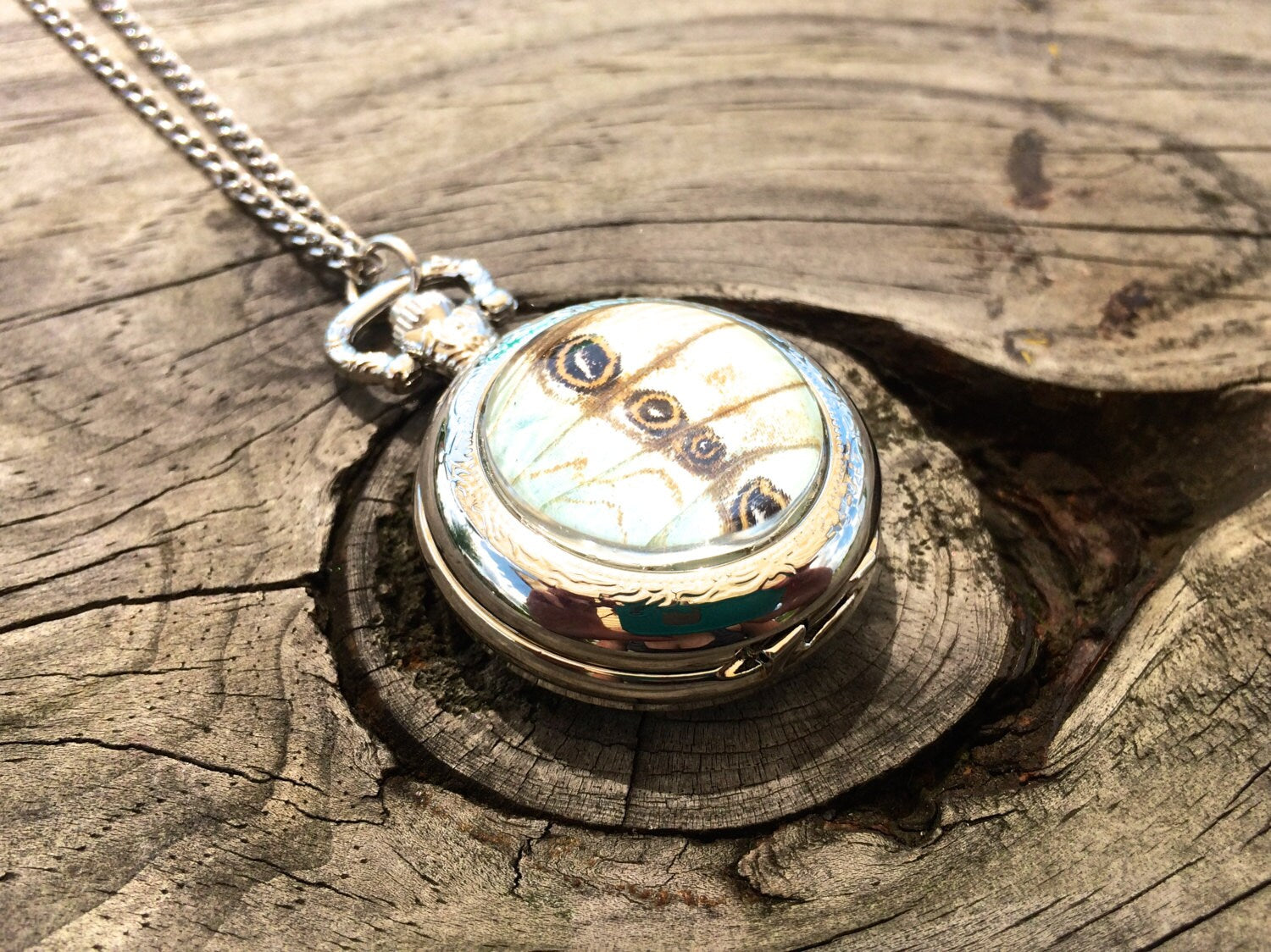 Real White Butterfly wing necklace Silver Pocket watch necklace steampunk pocketwatch white Statement Necklace bridal necklace clock woman