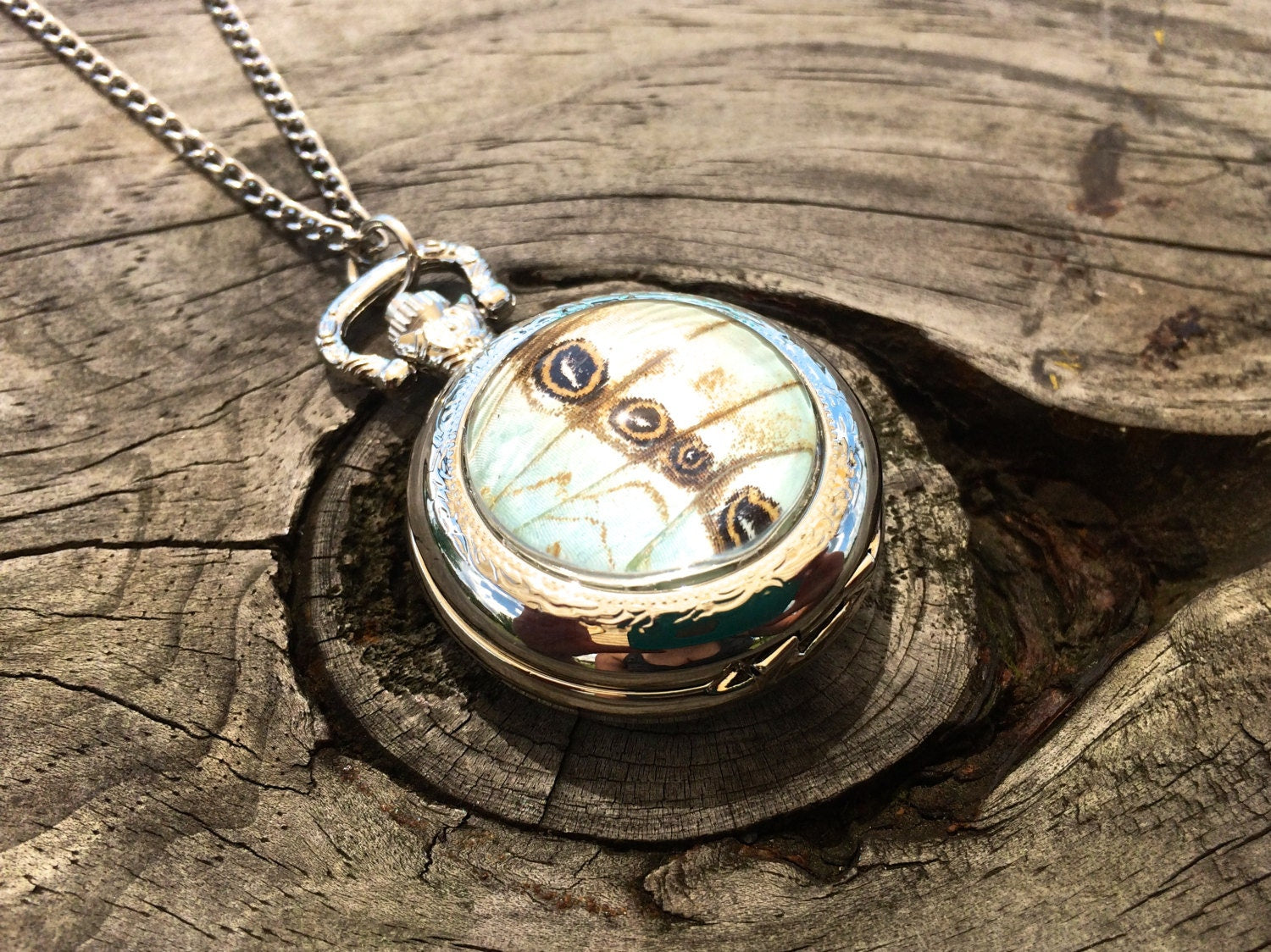 Real White Butterfly wing necklace Silver Pocket watch necklace steampunk pocketwatch white Statement Necklace bridal necklace clock woman