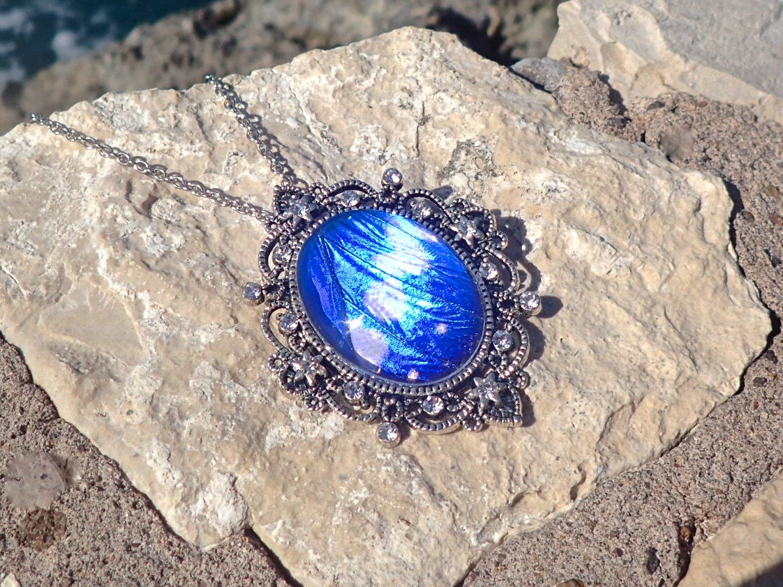 Glowing jewelry REAL Blue Morpho Butterfly Wing Necklace Blue crystal necklace Ocean necklace Antique silver pendant blue sapphire pendant