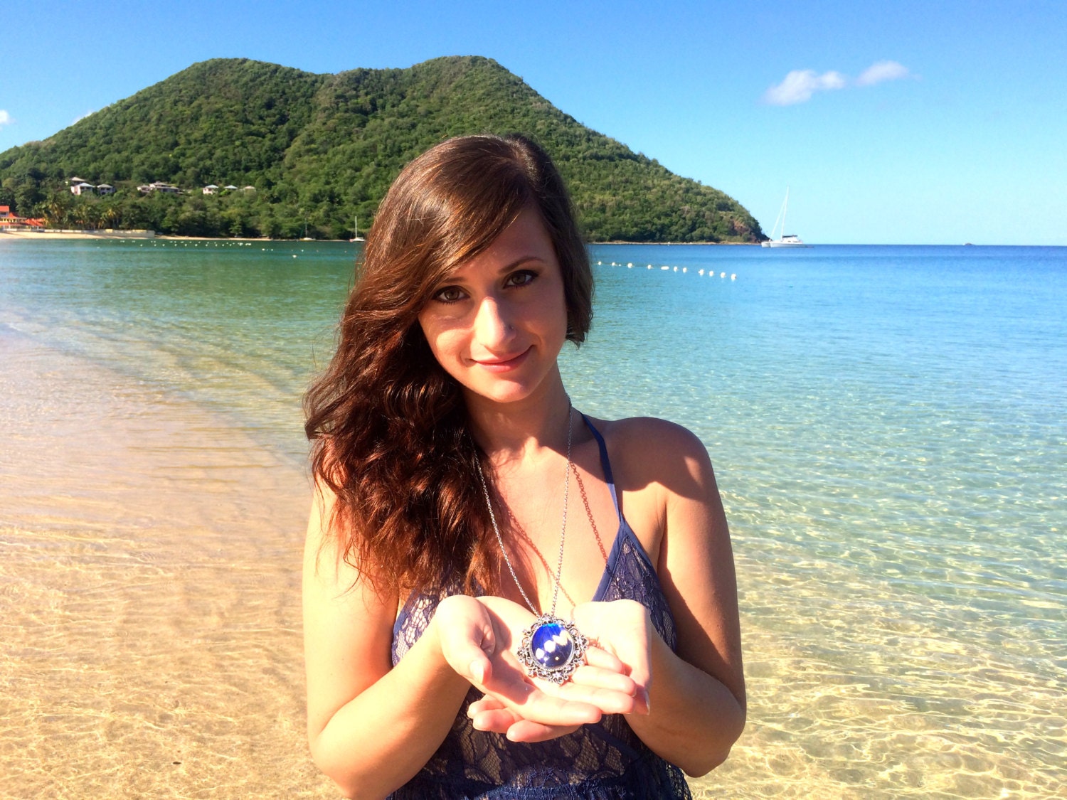 Glowing jewelry REAL Blue Morpho Butterfly Wing Necklace Blue crystal necklace Ocean necklace Antique silver pendant blue sapphire pendant