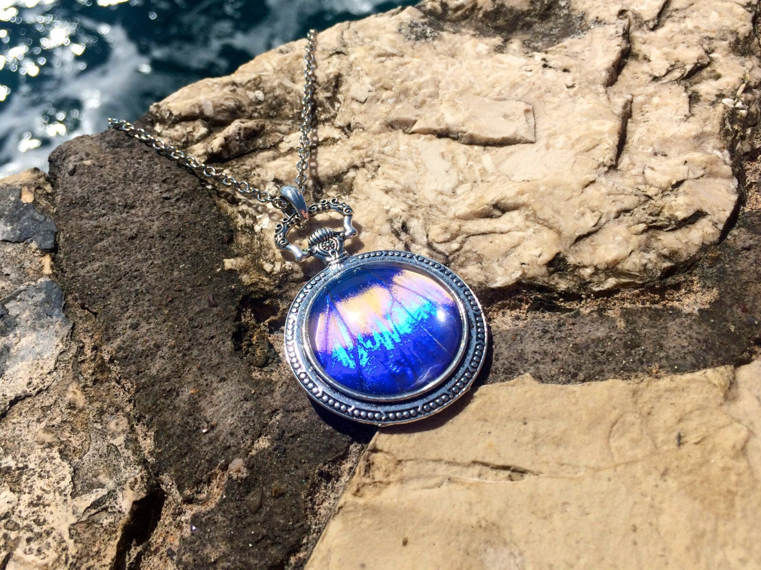 Real Blue Morpho Butterfly Jewelry Butterfly Pocket watch Necklace Large Blue Sapphire Pendant Pocketwatch necklace 1920s style jewelry