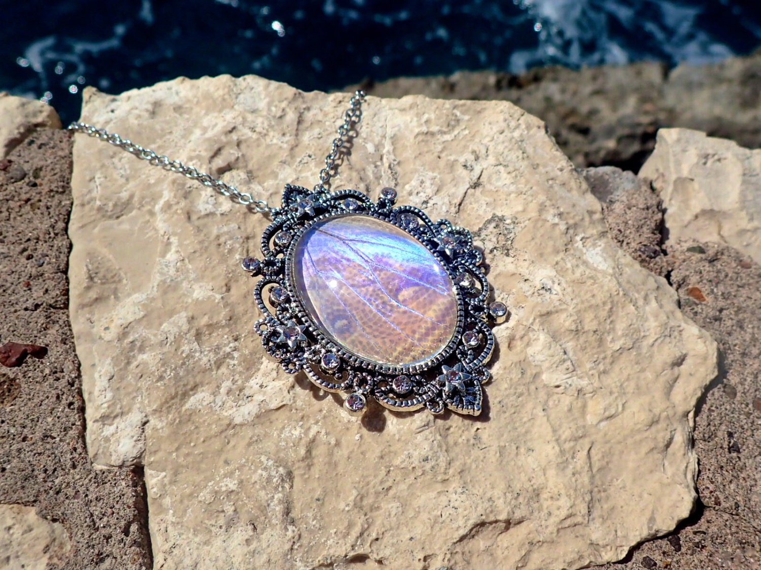 Real butterfly wing jewelry Unique necklaces for women Heirloom jewelry Pearl morpho butterfly necklace Pressed butterfly wing necklace