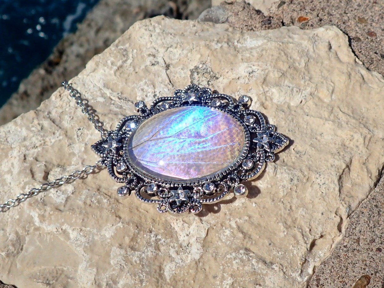 Real butterfly wing jewelry Unique necklaces for women Heirloom jewelry Pearl morpho butterfly necklace Pressed butterfly wing necklace