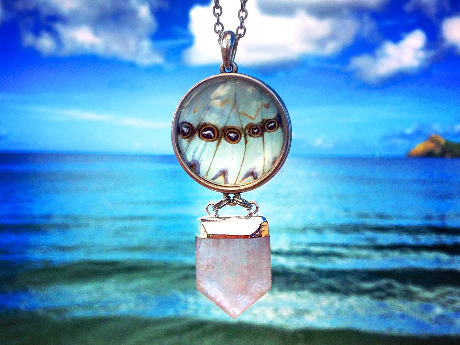 Real White Butterfly Wing & Quartz Point Necklace Raw Clear quartz crystal pendant Druzy beach jewelry Antique Silver White Statement