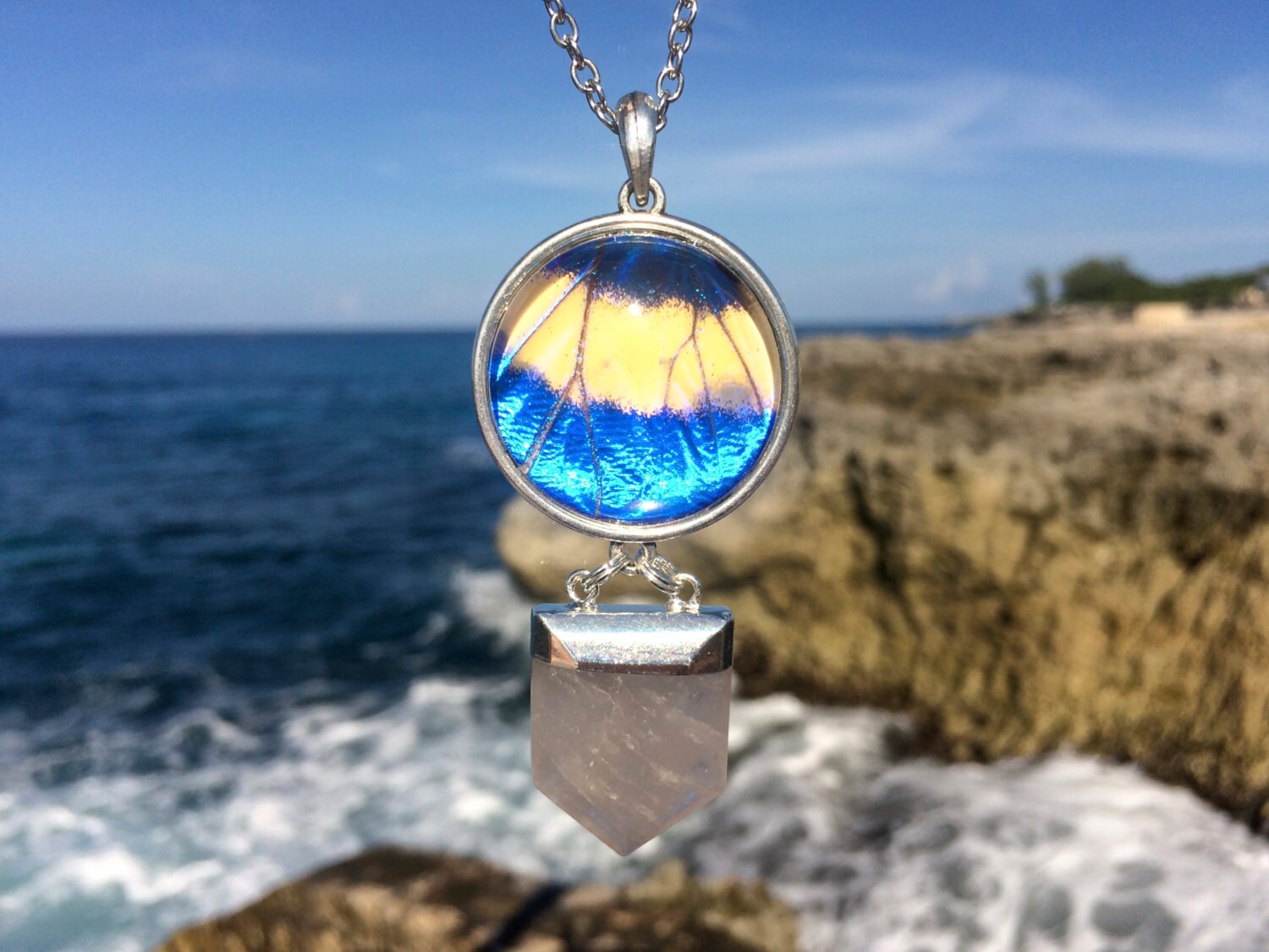 Real Blue Morpho Butterfly Wing & Quartz Point Necklace Raw silver dipped Clear quartz crystal pendant Beach jewelry Morpho Helena