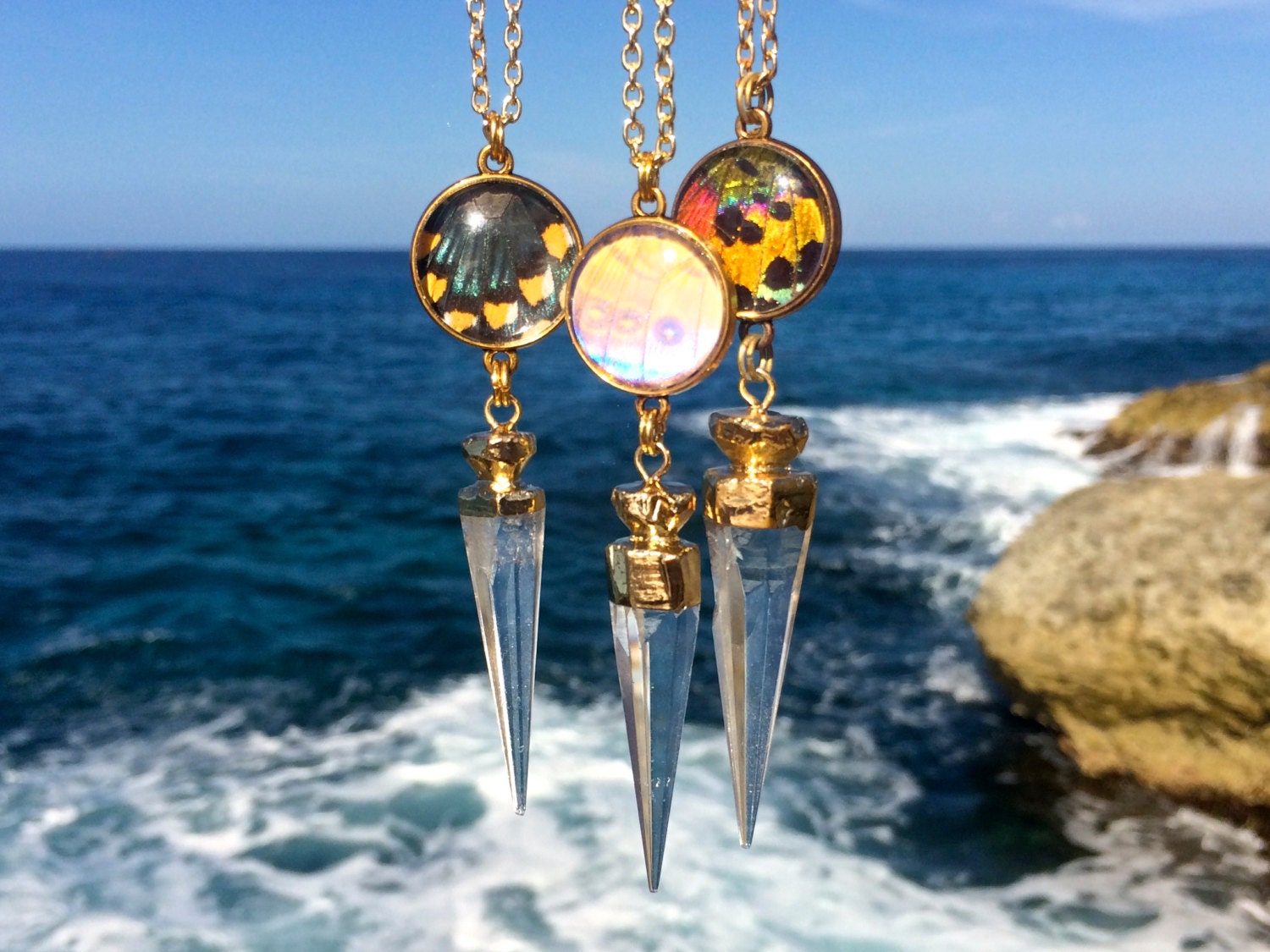 Real butterfly Raw crystal pendulum necklace Talisman necklace Chakra necklace Divination dowsing crystal Clear quartz pendulum necklace