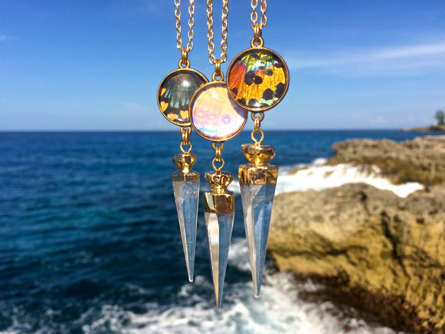 Real butterfly Raw crystal pendulum necklace Talisman necklace Chakra necklace Divination dowsing crystal Clear quartz pendulum necklace