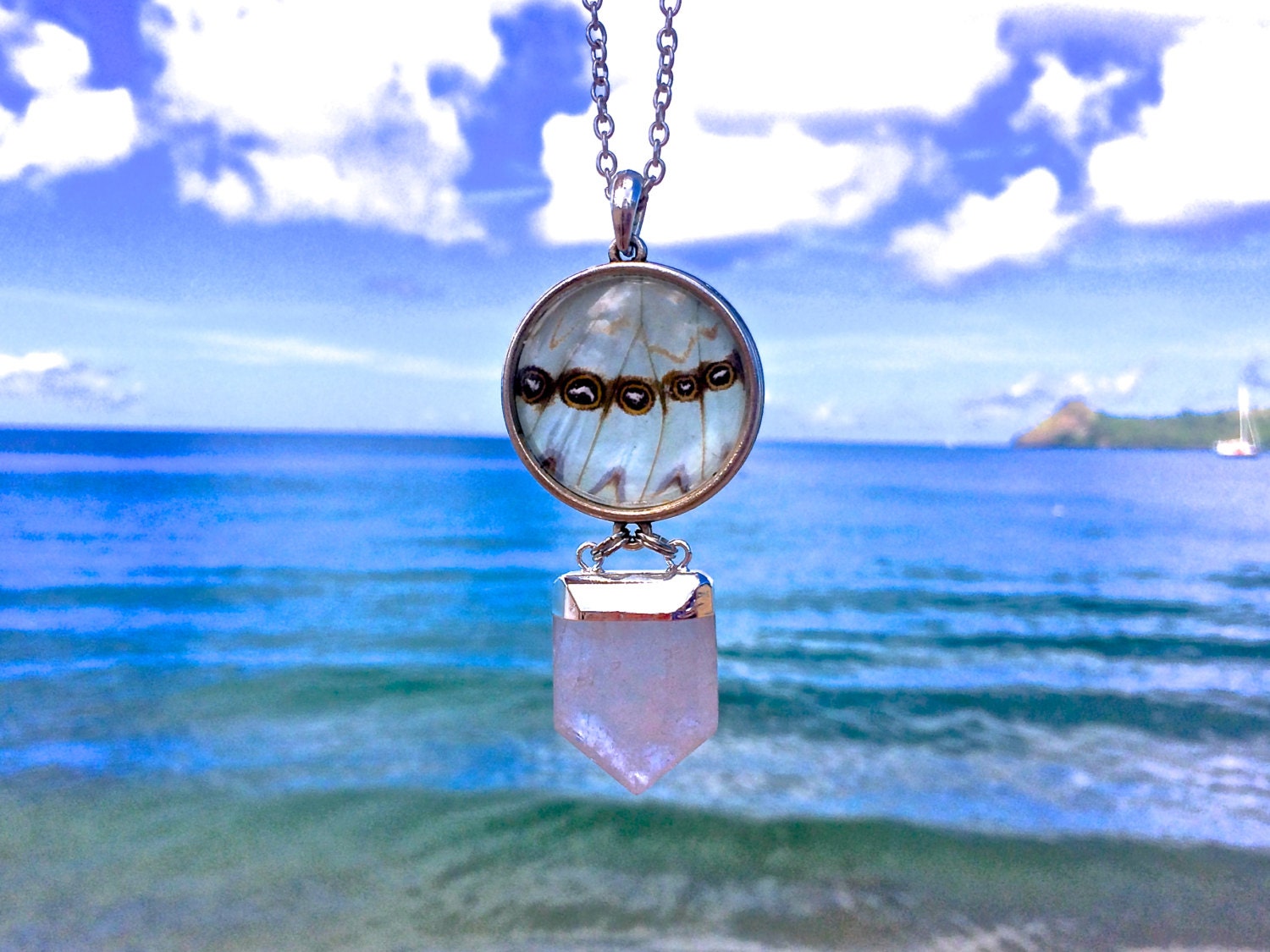 Real White Butterfly Wing & Quartz Point Necklace Raw Clear quartz crystal pendant Druzy beach jewelry Antique Silver White Statement