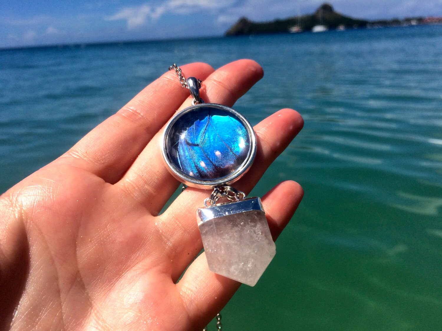 Real Butterfly Wing & Quartz Crystal Pendant necklace Geometric necklace Turquoise Blue Aqua Aura Crystal Point Silver dipped ocean jewelry