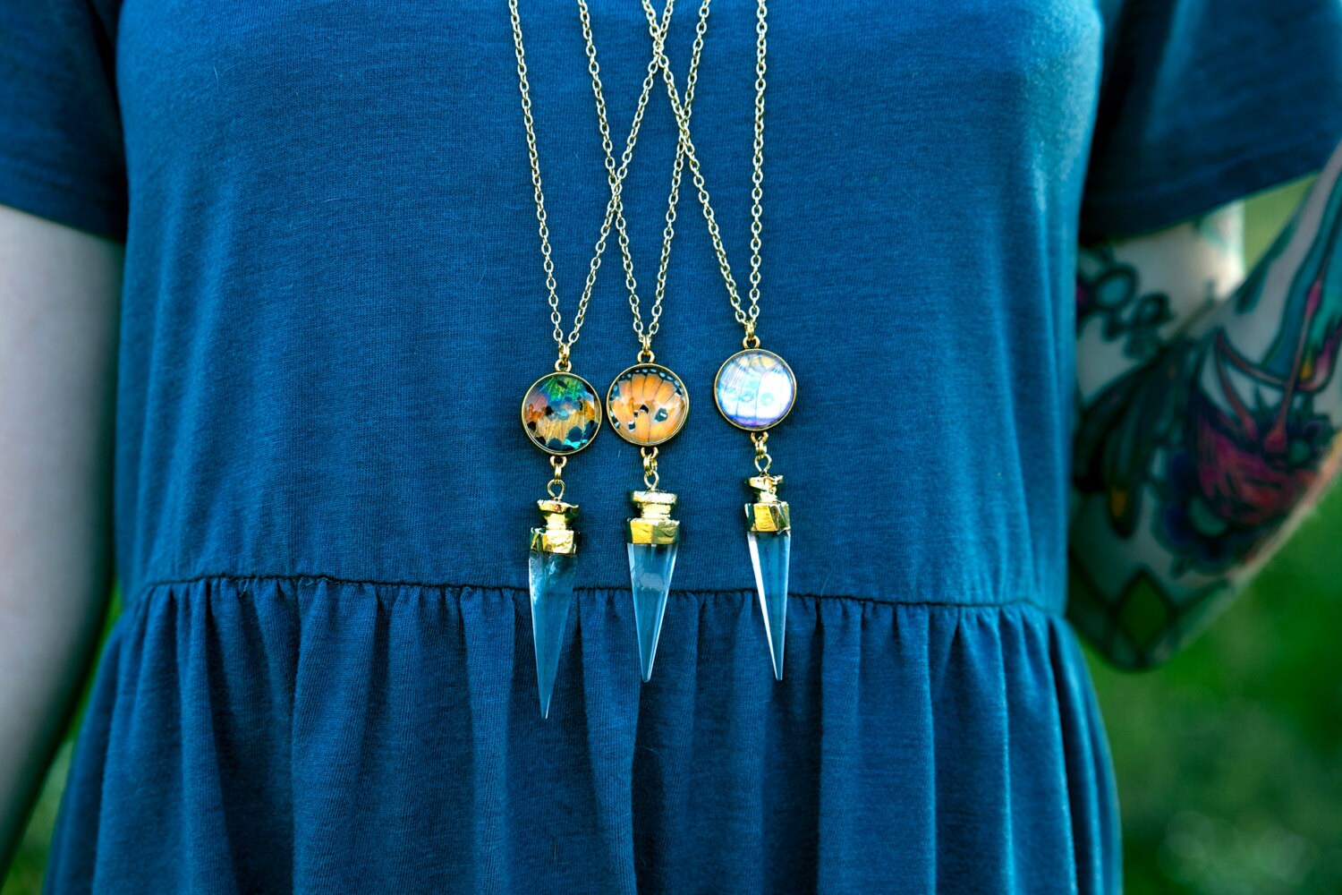 Real butterfly Raw crystal pendulum necklace Talisman necklace Chakra necklace Divination dowsing crystal Clear quartz pendulum necklace