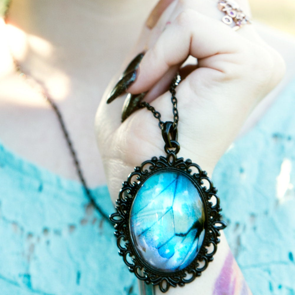 Real Blue Morpho Butterfly Jewelry Gothic necklace Pastel goth Aesthetic Vaporwave Soft grunge Long black necklace Gothic jewelry