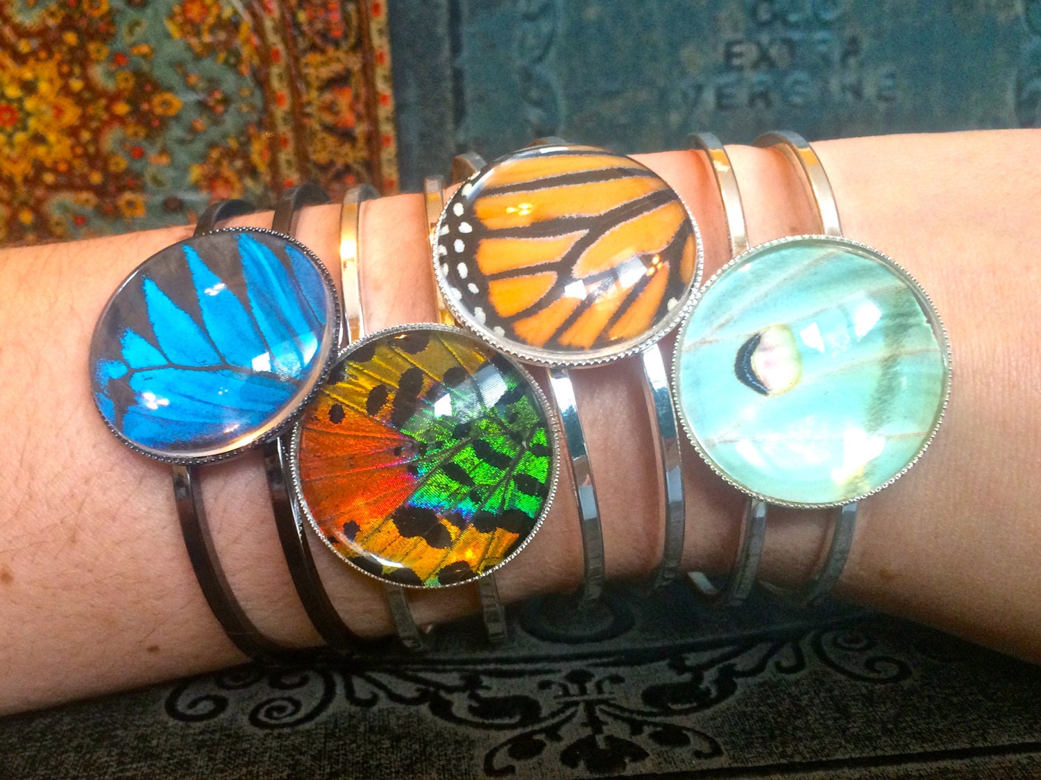 Real butterfly wings Butterfly Wing Bracelet Blue Turquoise butterfly Cuff Bracelet Carolina Panthers swallowtail bangle science bracelet