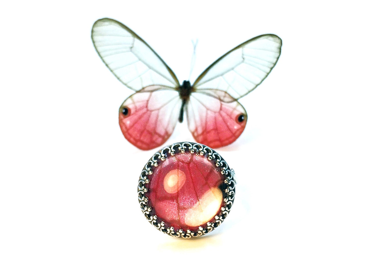 Real butterfly wing ring Rose pink ring Sterling silver Pink stone ring Pink and silver ring Light pink ring for women Pink butterfly ring