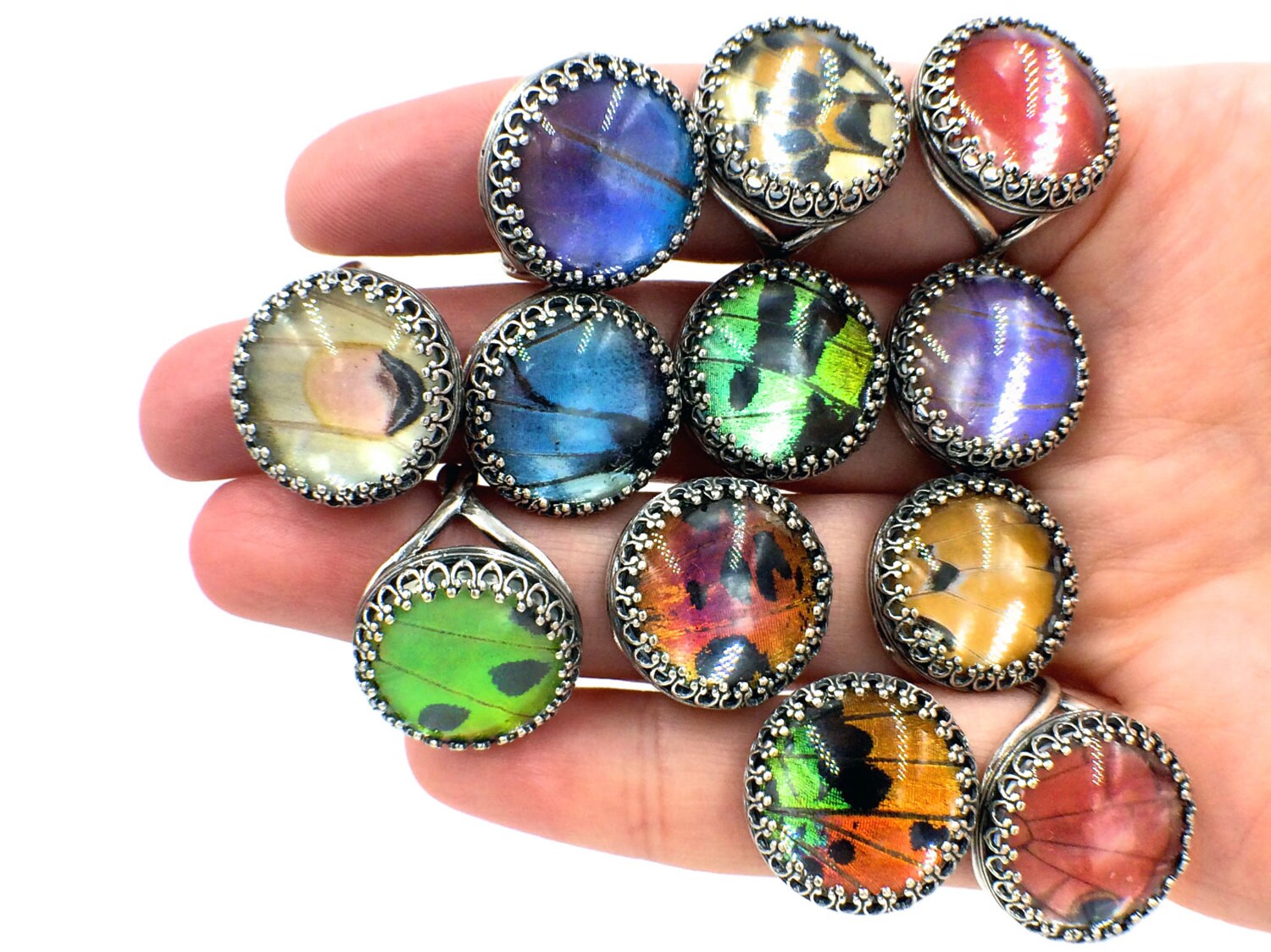 Real butterfly ring Pressed butterfly wings women ring size 10 9 8 7 6 Adjustable sterling silver rings for girls Glass resin ring ocean