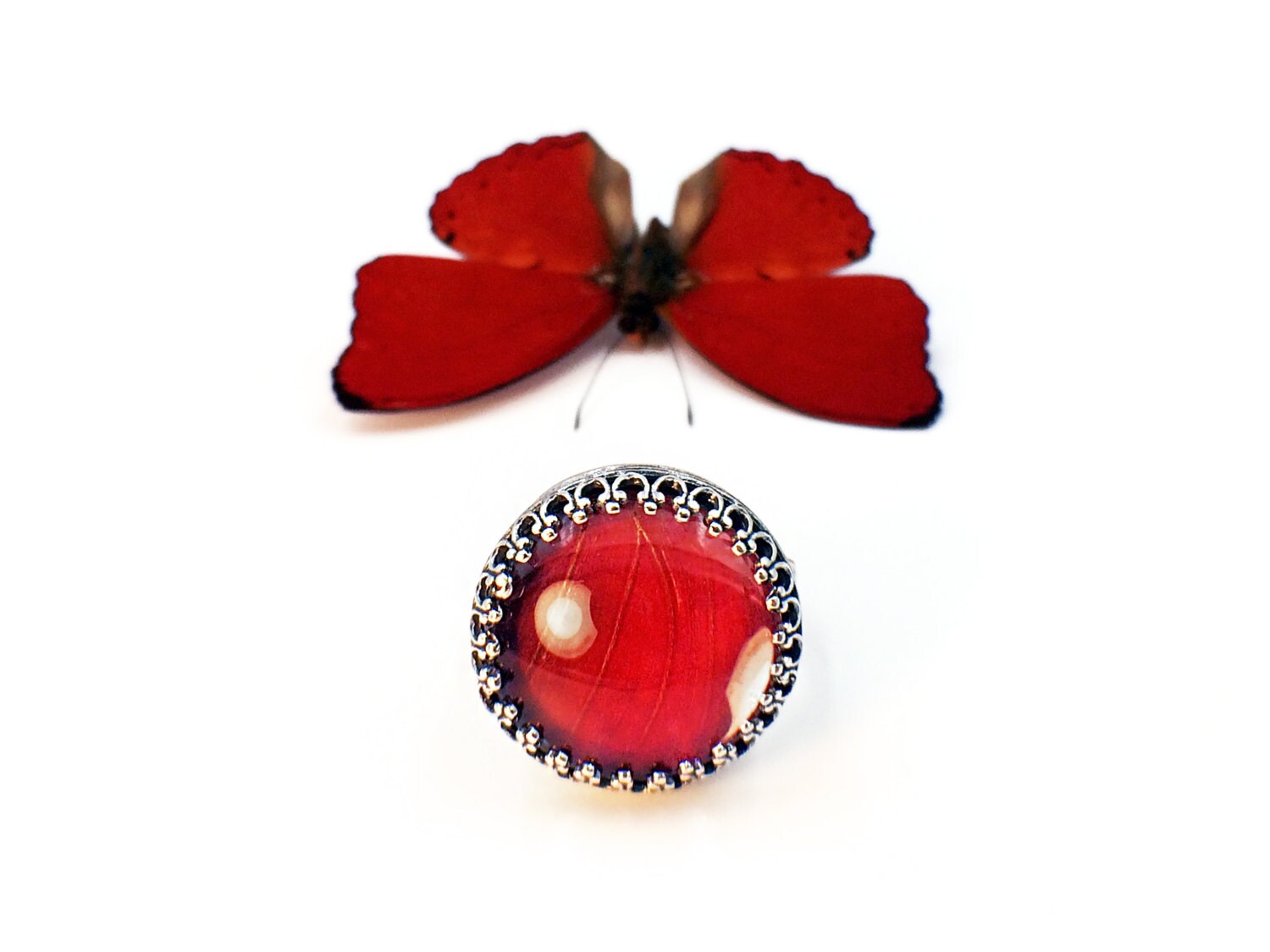 Real butterfly wing ring Anniversary gift for wife 1 year Red birthstone ring Red crystal ring Adjustable sterling silver rings for women