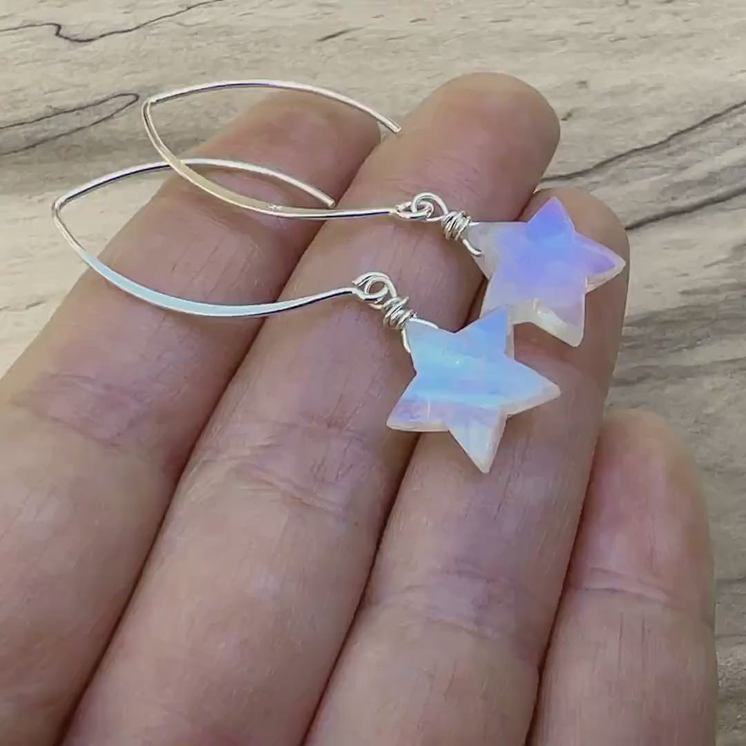 Rainbow moonstone earrings Dainty crystal star earrings Moonstone star earrings dangle Gemstone star earrings silver Raw moonstone earrings